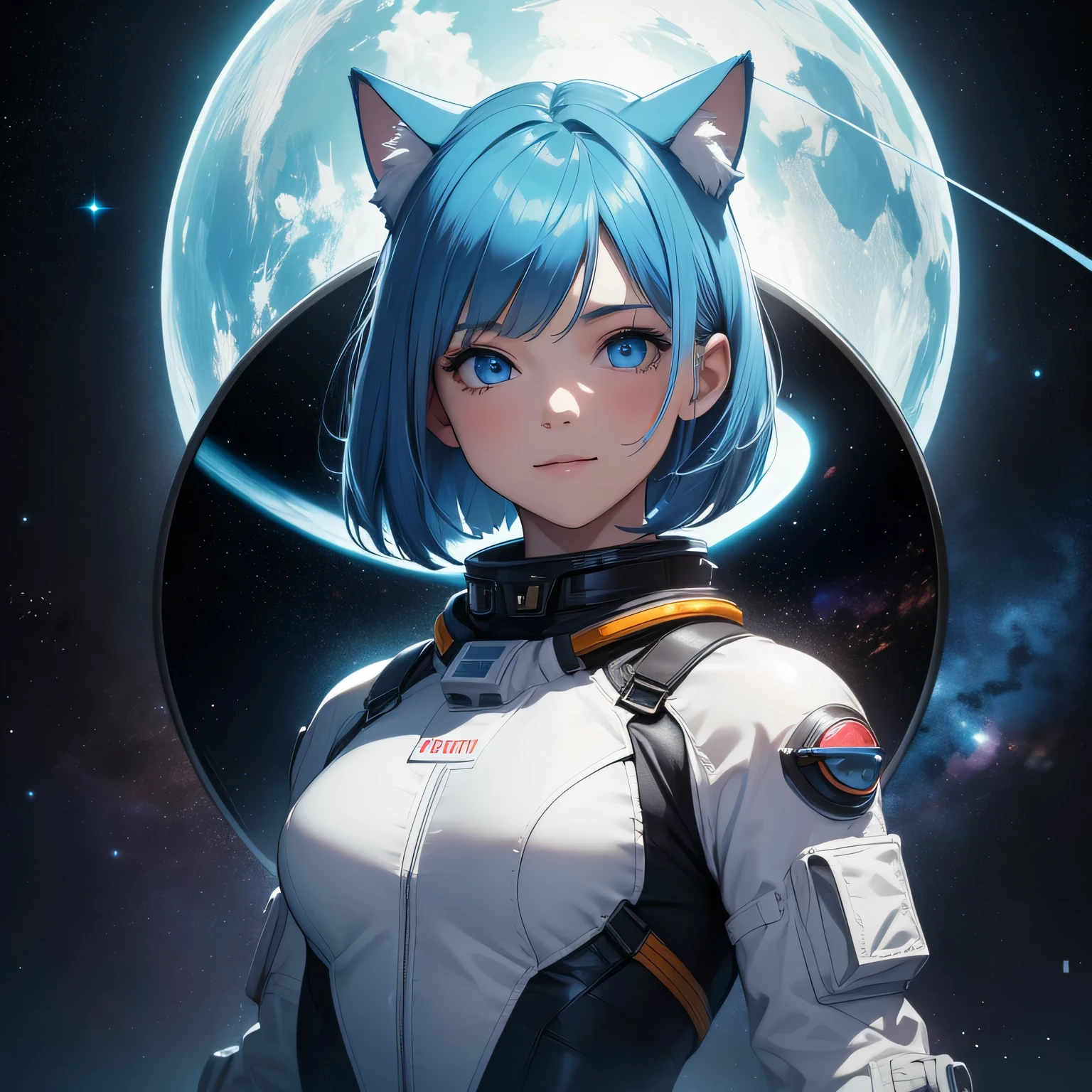 (8k, HDR, RAW photo, best quality, masterpiece:1.2, realistic lighting), full body view, girl floating in outer space, solo, (thin face), realistic beautiful face, very detailed face, smile, (bob cuts hair), ((sky blue hair)), path traced hair, (sky blue cat ears), ((sky blue eyes)), beauty eyes, (flat chest), (small breast), wearing a full body spacesuit and spacesuit helmet, (space:1.3), look up, upper body, surreal space,fantasy space, outer space