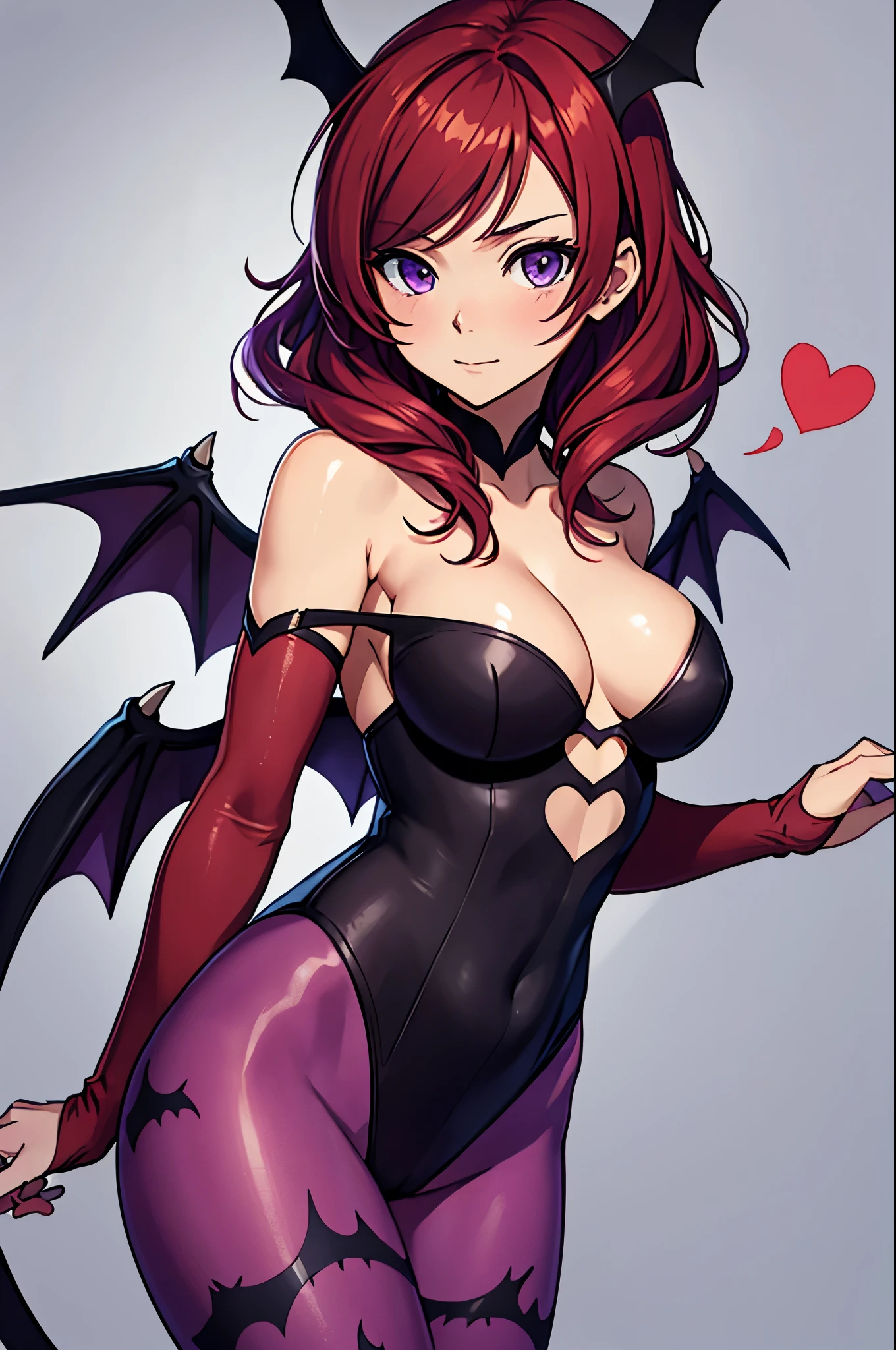 Masterpiece, nishikino maki, strapless,red hair, Purple eyes, big breasts,leotard, pantyhose, bat print, animal print, print legwear, purple pantyhose, black leotard, clothing cutout, heart cutout, low wings