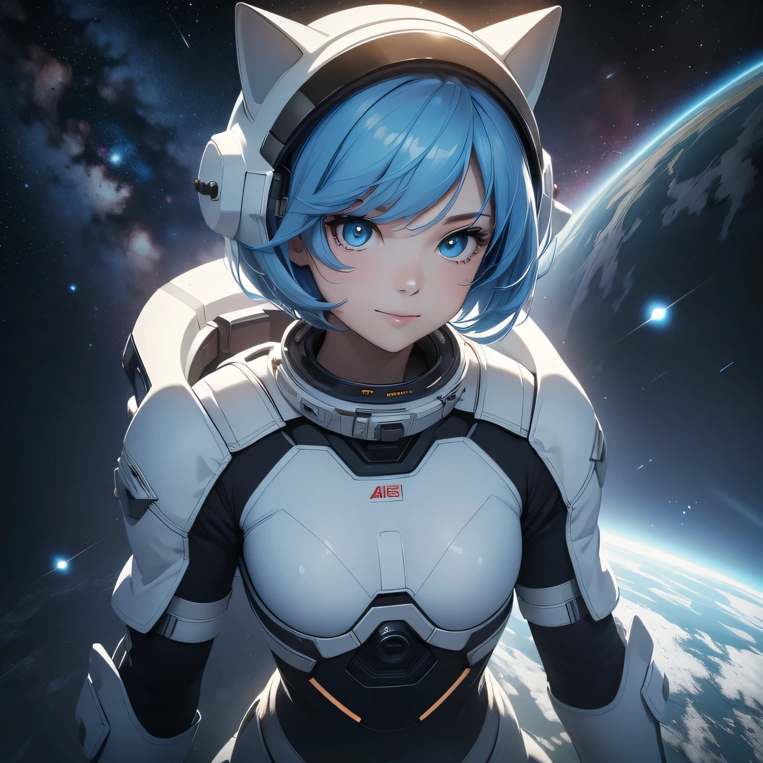 (8k, HDR, RAW photo, best quality, masterpiece:1.2, realistic lighting), full body view, girl floating in outer space, solo, (thin face), realistic beautiful face, very detailed face, smile, (bob cuts hair), ((sky blue hair)), path traced hair, (sky blue cat ears), ((sky blue eyes)), beauty eyes, (flat chest), (small breast), wearing a full body spacesuit, (spacesuit helmet), (space:1.3), look up, upper body, surreal space,fantasy space, outer space