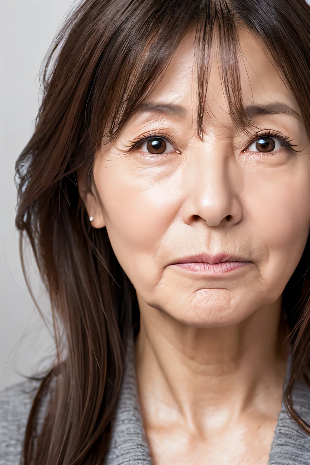 Crying, troubled face, lowered eyebrows, gray background, wrinkles on face, natural skin texture, Japanese female, 55 years old, close-up of face, wrinkles at corner of eyes, double folds, used to be an idol, cute, long brown hair, full tear pouch, lipstick, blush