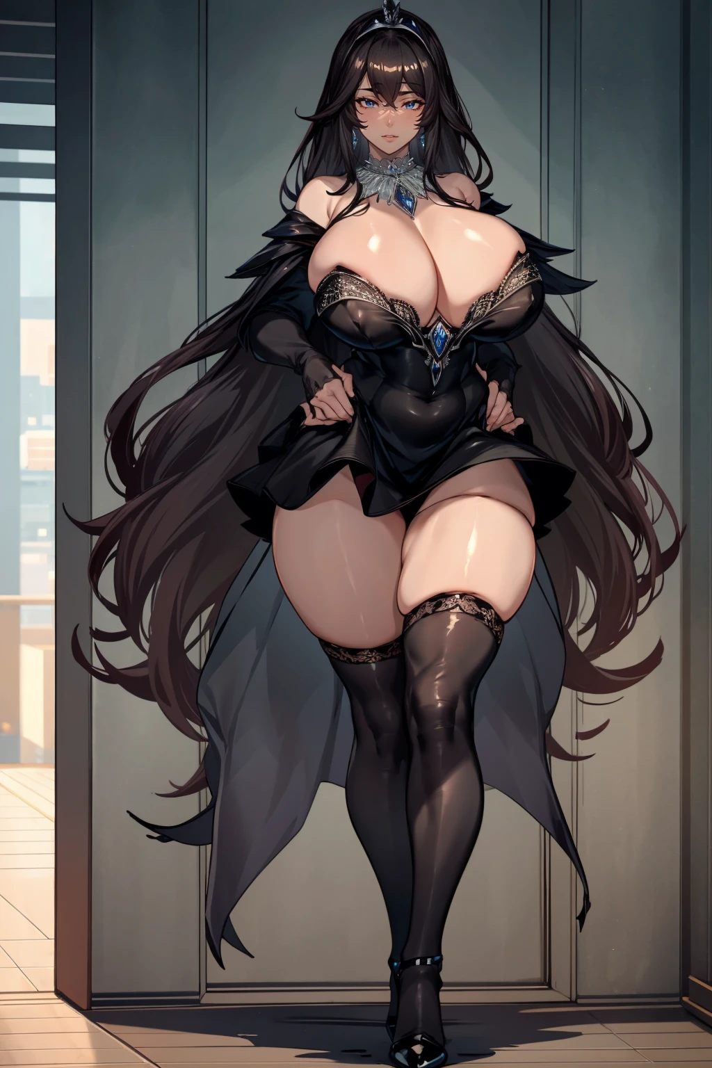 Fat butt,Busty,Tall,tall,masterpiece,best quality,The face beautiful,black stockings,Crystal shoes,noble,abdominal musclelack hair,god,evening dress,Diamond decoration,front,whole body,black dress,noble,Crystal Crown,lace,black stockings,Smooth,necklace,earring,High heel,Whitening,cloak,skirt,Not prominent