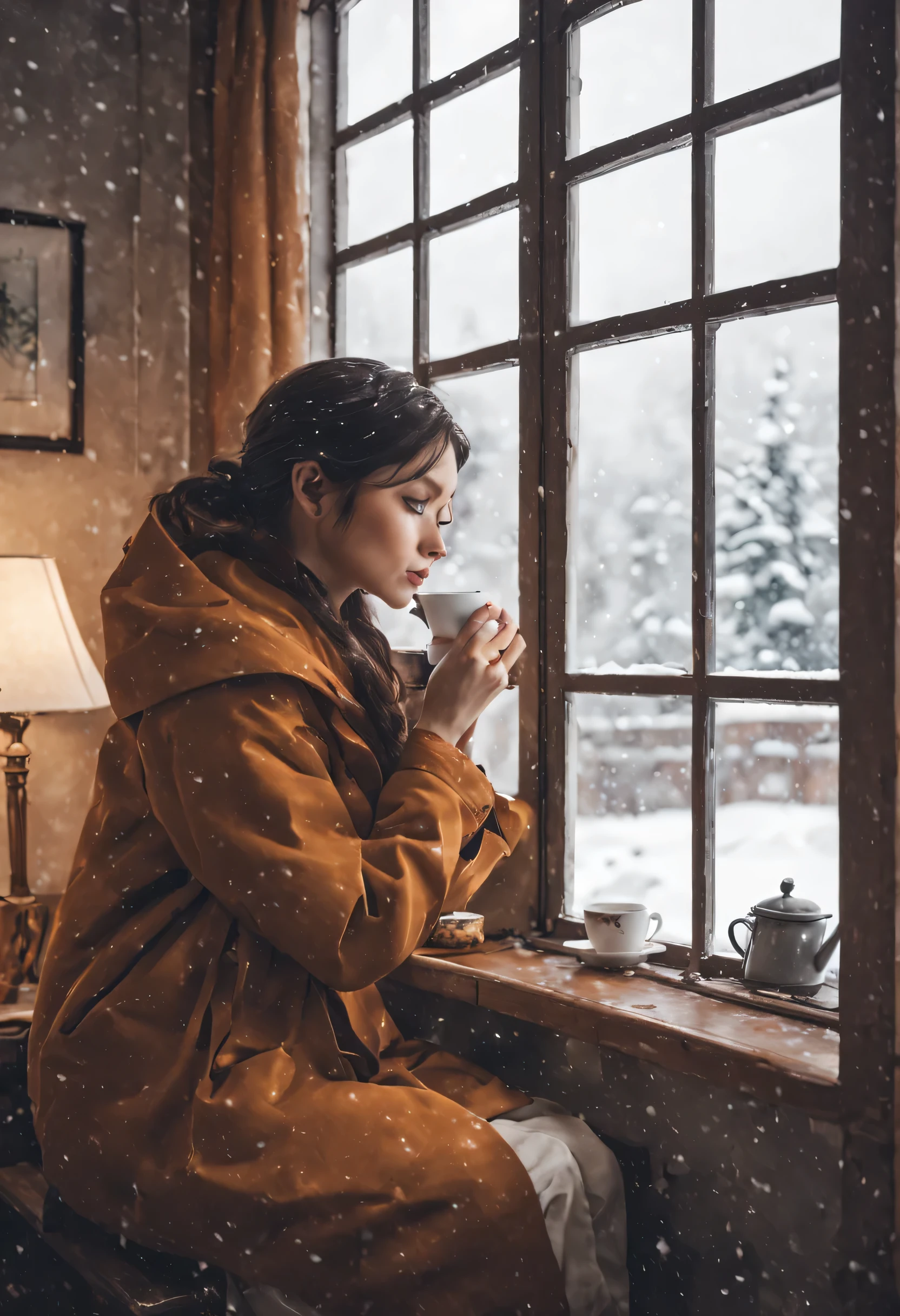 indoor girl sitting by the window drinking tea,It's snowing outside the window,