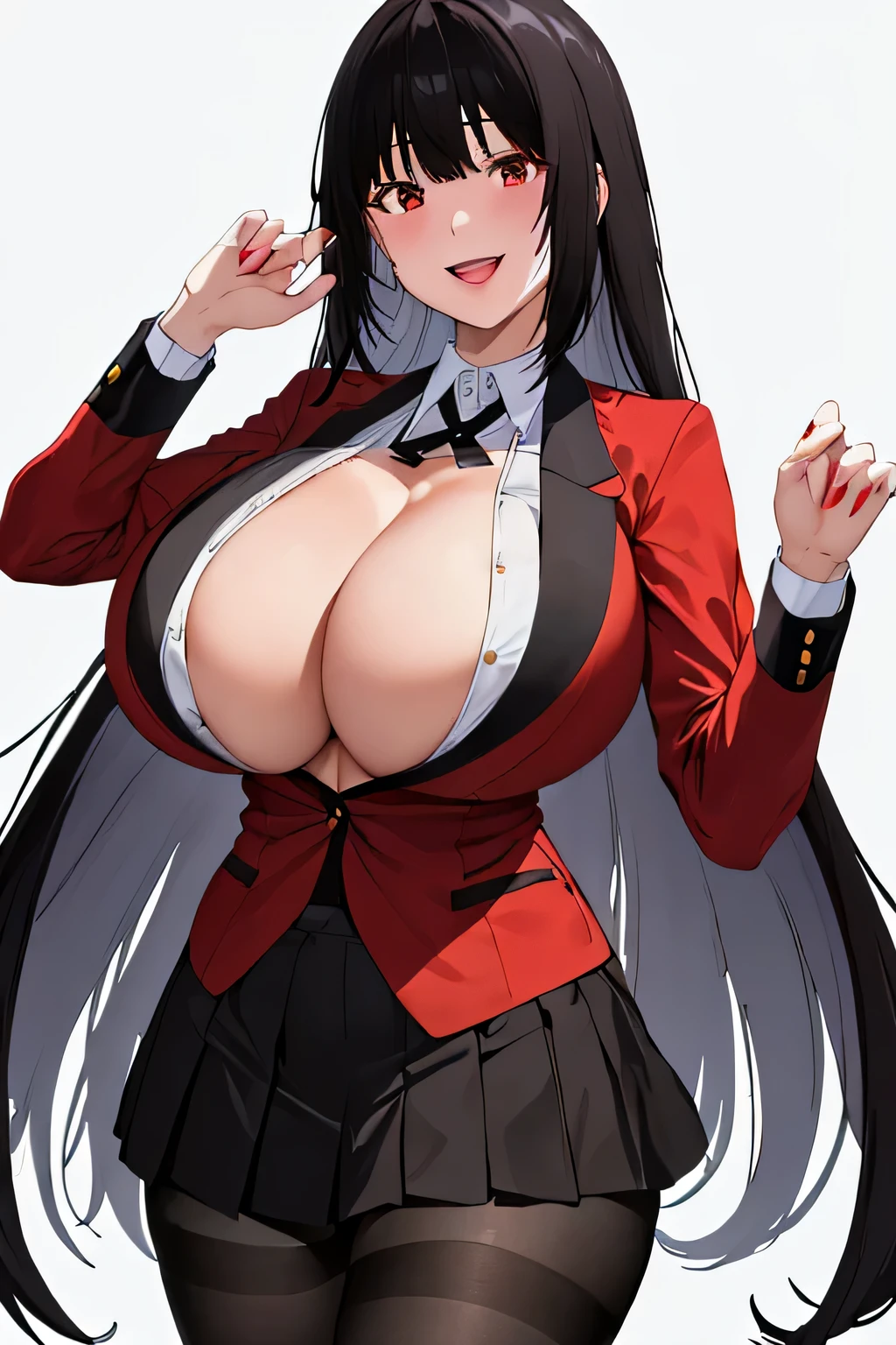 (8K, RAW photo, highest quality, masterpiece: 1.2),HMJY1,long black hair,dull bangs, toothy smile,uniform,red jacket,black pantyhose,white shirt,black ribbon,pleated skirt,long sleeve,cowboy shot,Shining eyes, classroom,(big breasts:1.5),(sheer bra),(Lift up your skirt and show your panties)