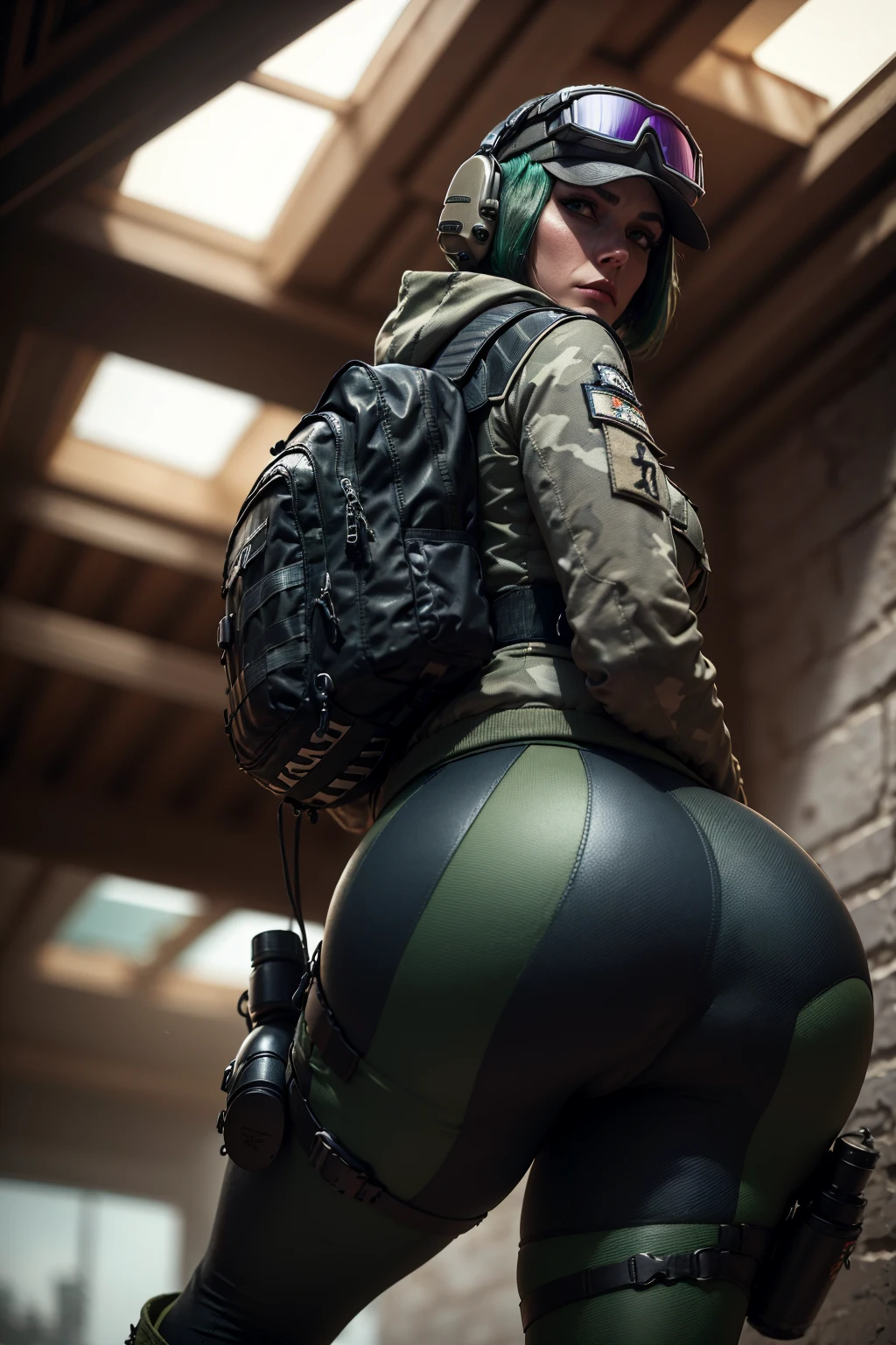 8k portrait of ela (rainbow six siege)
, camouflage, solo, green hair, backpack, boots, hat, goggles, goggles on headwear, pants, looking at viewer, jacket, hood, bag, short hair, headset, blue eyes, camouflage jacket, gloves, holster, hood down, thigh holster, radio antenna, military, headphones, leggingull body)), piercing eyes, looking at the viewer, dynamic pose, ((thighig tits:1.0), looking back, (huge ass:1.4)
, best quality, (photo-realistic:1.2), looking at the viewer, film grain, construction site scene, construction site background, debris, low angle
, dark scene, rim lighting, two tone lighting, dimly lit, low key hdr,