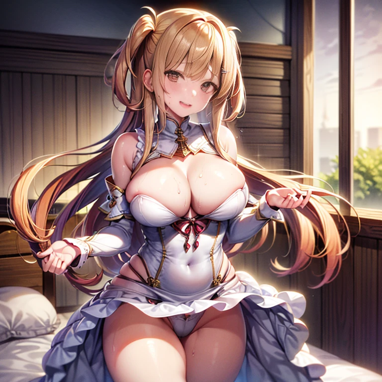 top-quality、supreme1People Girls,hightquality,A detailed face、A detailed eye、Detailed nose、Detailed mouth、 Beautiful expression, ((masuter piece)), ((High resolution)), ((Best Quality)), detail, (NSFW,cum faced、Excited face.Very happy,), ((Skin shiny with sweat)), (negligee:1.2)、 girl with, a blond, (Half Twin Tail)、 standing:1.5、fair white skin:1.3、、Smaller chest, cinmatic lighting, perfectly shaded,(((Late night bedroom))), Realistic lighting with shades,full body Esbian