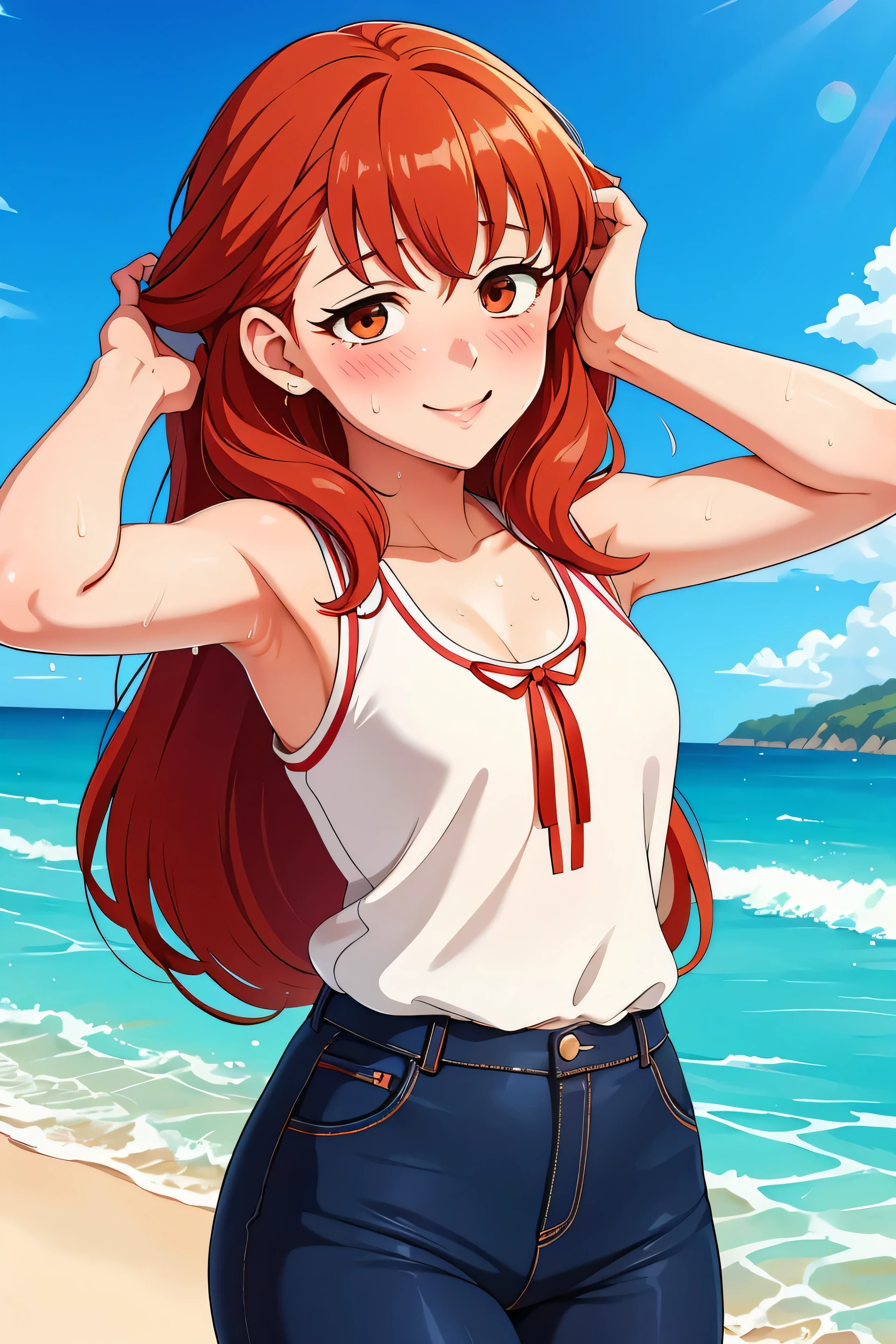 Anime style, Painting, absurderes、perfect anatomia、Hani、long hair, beach on the background, red blush, smile, redhead, red hairs, armpit, 40 years old, sweating