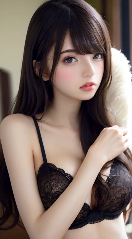 ((Best quality, 8k, Masterpiece :1.3)), dramatic lighting, pretty woman, 1girl, huge breasts :1.3, (firm abs, slender figure :1.1), lustful, dark brown hair, (panties :1.1), ultra-detailed face, detailed lips, detailed eyes, double eyelid, hot couple, boyfriend, man friend, couple pose, bed, boudoir
