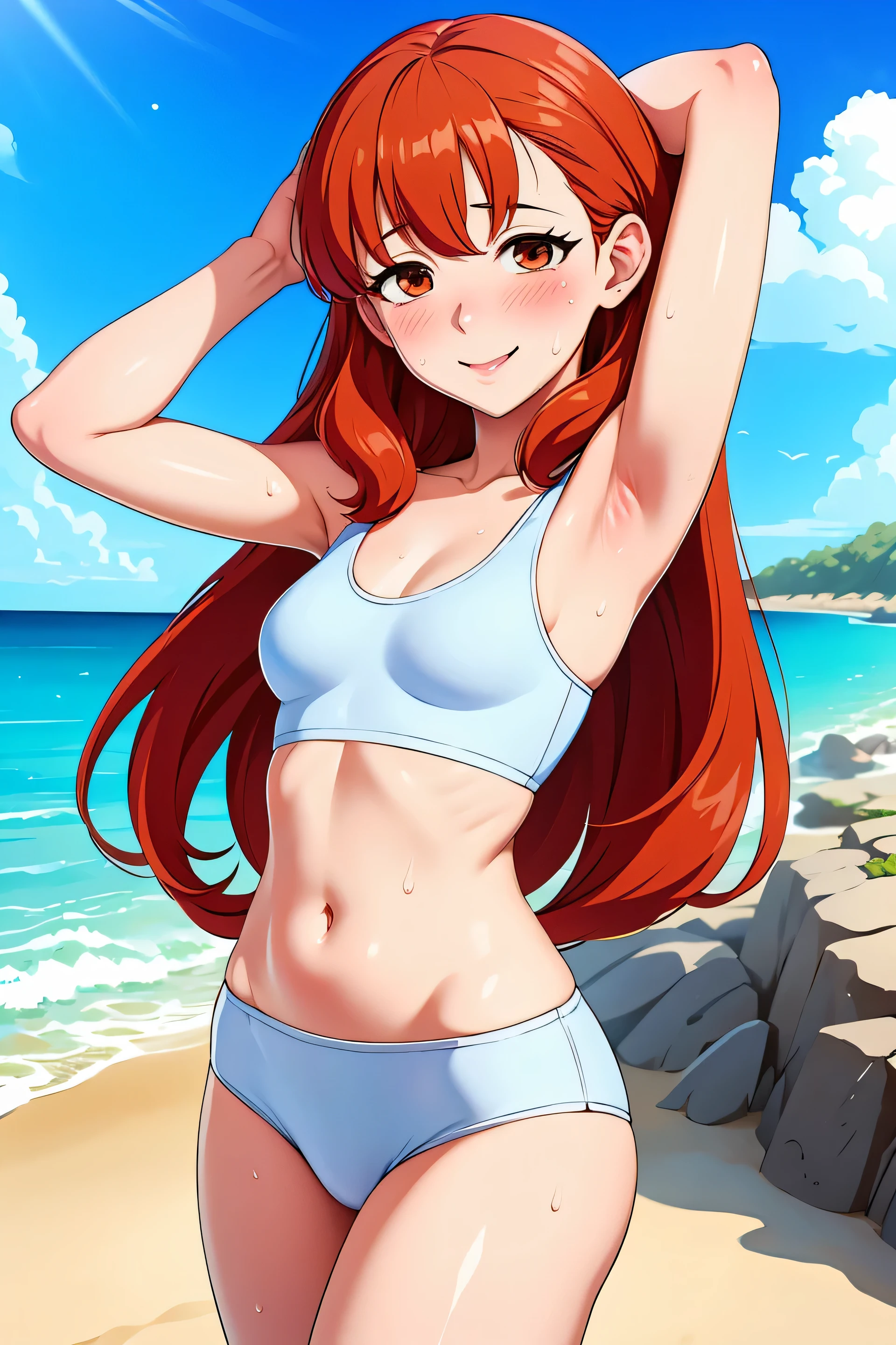Anime style, Painting, absurderes、perfect anatomia、Hani、long hair, beach on the background, red blush, smile, redhead, red hairs, armpit, 40 years old, sweating