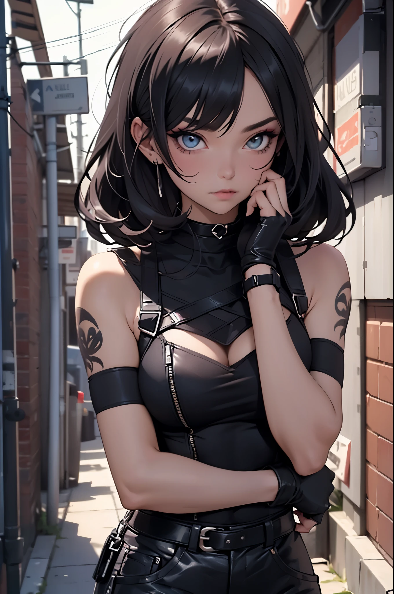 goth girl, fit, goth girl, goth makeup, black hair, black eyeshadow, black lipstick, black nails, black choker, fingerless gloves