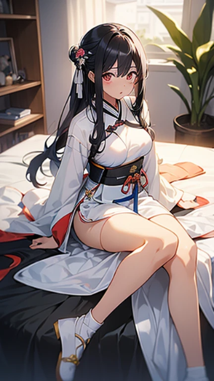 (masterpiece:1.2, beautiful, aesthetic), (Anime style:1.5),ambient soft lighting, 4K, perfect eyes, perfect face, perfect lighting, 1girl,black hair, (exposed breasts), glowing eyes, hair between eyes, lips, long hair, looking at viewer,parted lips, plump, red eyes, solo,(very Prominent nipples and vagina),((((Transparent Hanfu)))),Transparent martial arts clothing,full-length picture