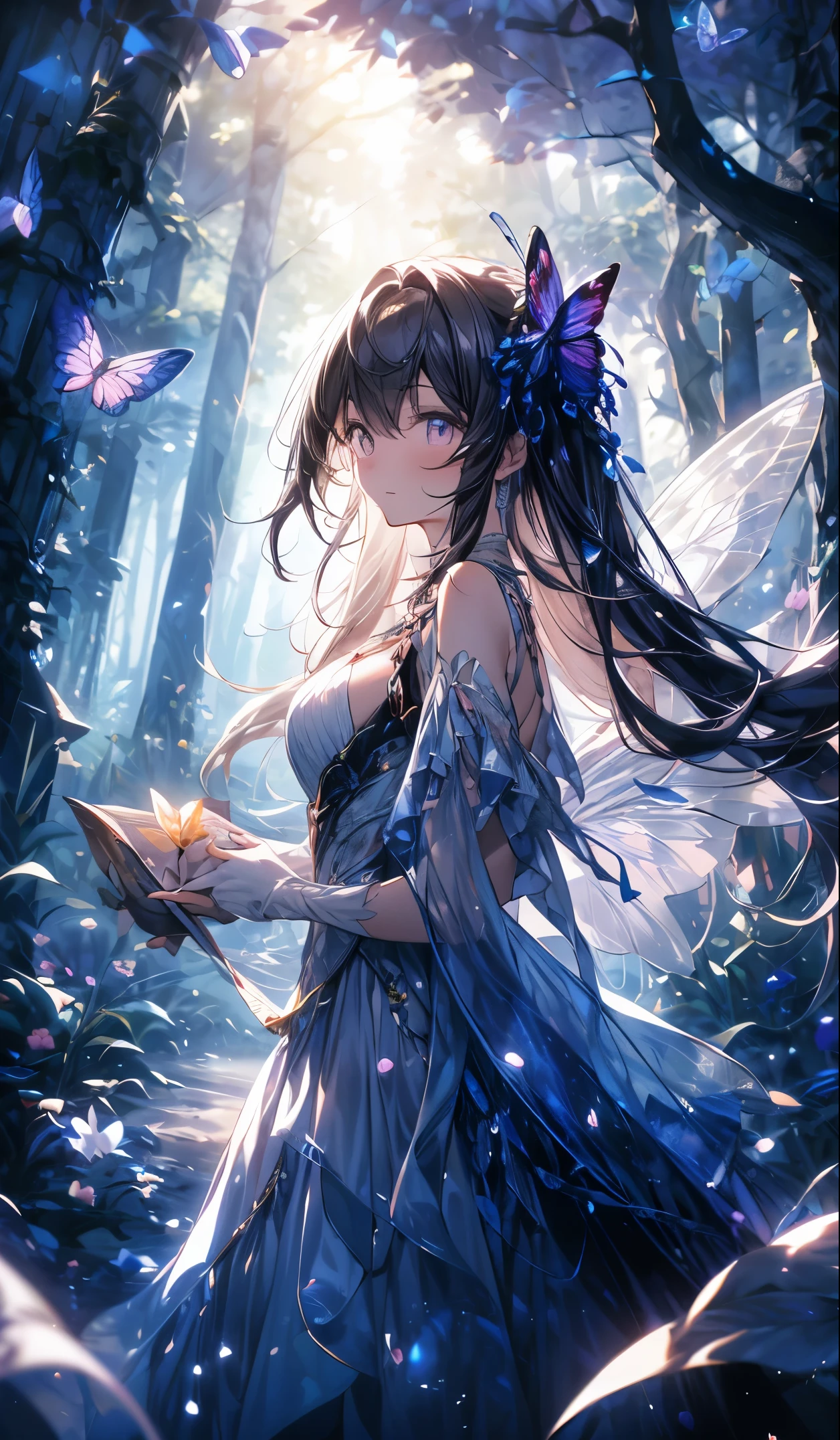 masterpiece, concept art, (highly detailed), medium shot, fairy butterfly 1girl, butterfly wings, cute, elegant, violet flowing hair, magical dress, magnum opuutterfly:1.5) flying surrounding her, mythical forest, bathed in ethereal moonlight, serenity, (epic composition, epic proportion), Vibrant color, volumetric lighting, Hd