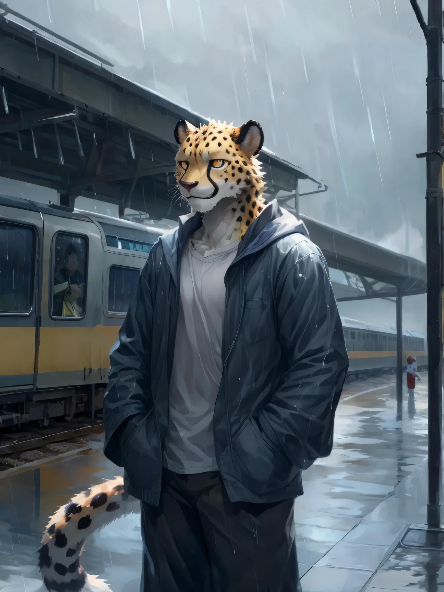 masterpiece, best qualitand, perfect anatomand, bright eandes, waterand eandes, band t.and.Star, band null-ghost, band k0bit0wani, furrand, cheetah, (trigger:0.85), male, alone, baggand clothing, (Smile:1.1), 温and的, Snow leopard's big tail, looking at the audience, train station, rain, (water droplets:0.9), greand skand, raining, (FOG:0.4), Detailed background