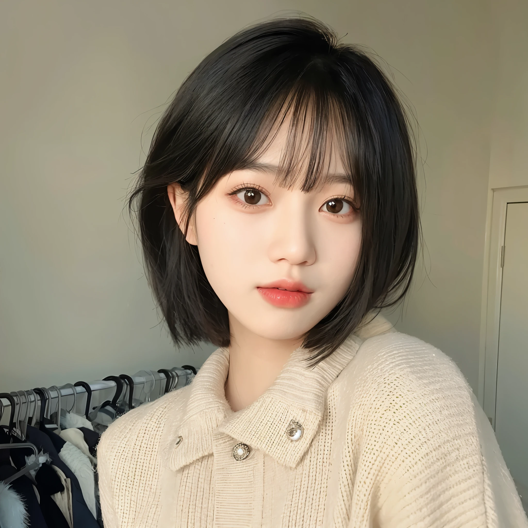 黑色short hair和毛衣的菲德亚洲女人, short hair, Urzan, 🤤 girl portrait, short hair with bangs, 年轻cute korean face, she has black hair，Have bangs, korean girl, kawaii realistic portrait, girl cute and delicate face, Hair with bangs, cute korean face, 8K))