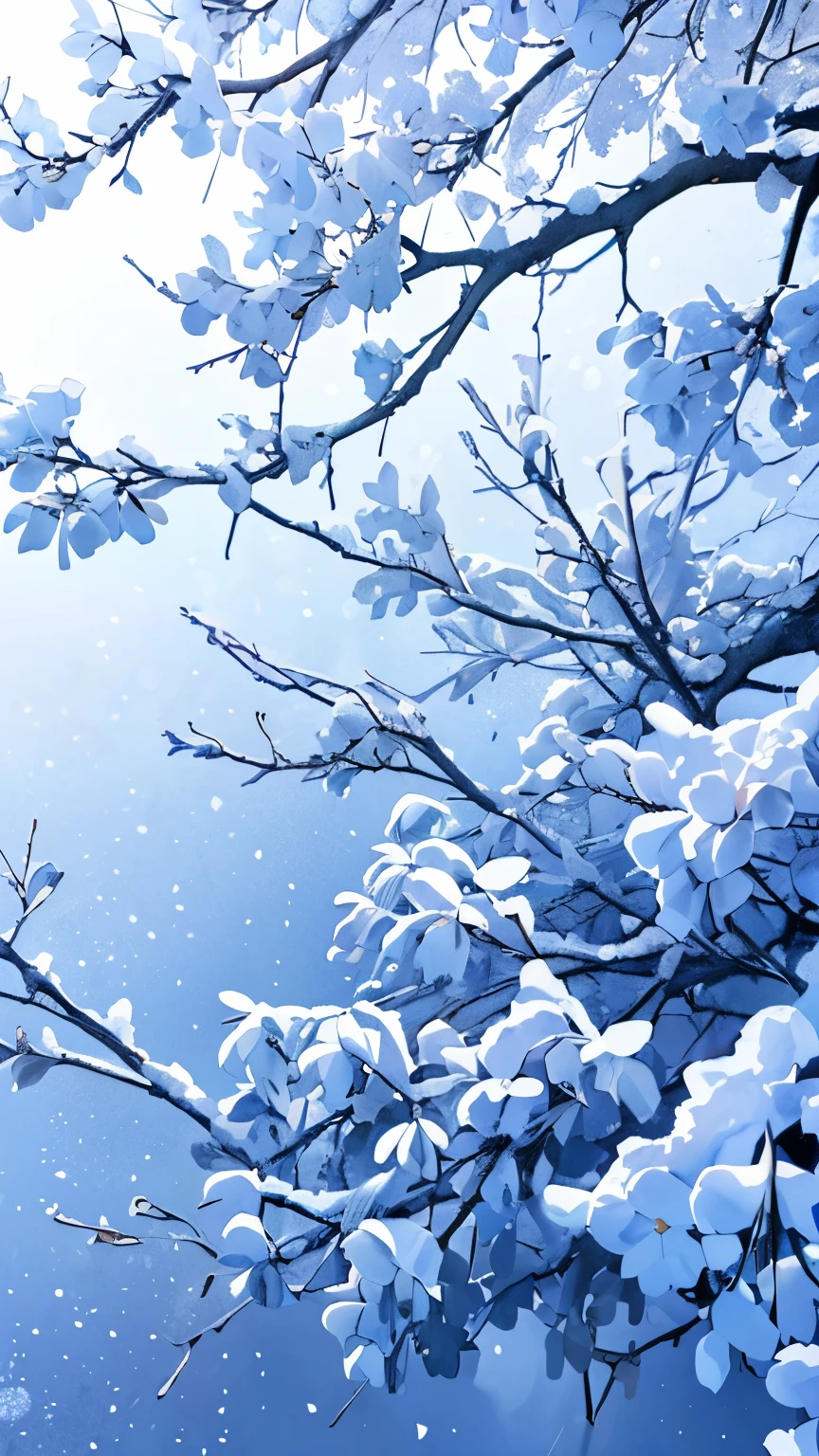 There are at least thirty flower buds on a branch in the snow，Being covered in snow，It snowed heavily，，This branch branches in an orderly manner，The background  an ethereal blue-white gradient(Extremely detailed CG unified 8k wallpaper),(masterpiece), (best quality), (Super detailed), (Best Illustration)(close shot)