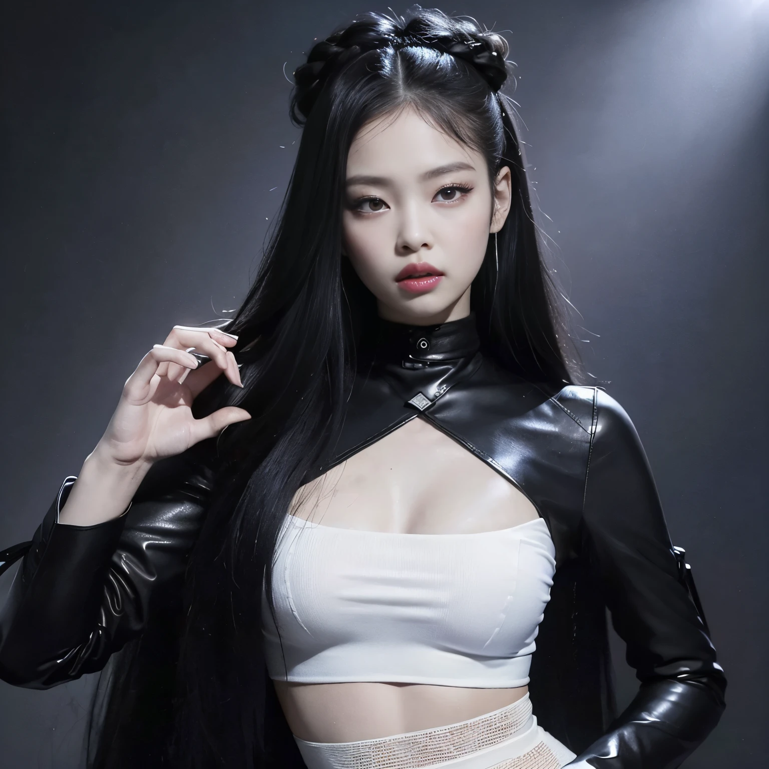 a Korean woman with very long black hair poses for a very sensual photo, wears black gothic clothing, small waist, white skin, gothic makeup, Jennie Kim, big bust, beautiful woman, full lips, perfect nose, wear tight black clothes, beautiful, realistic, good quality, high definition , background of metal bands posters, jennie kim blackpink