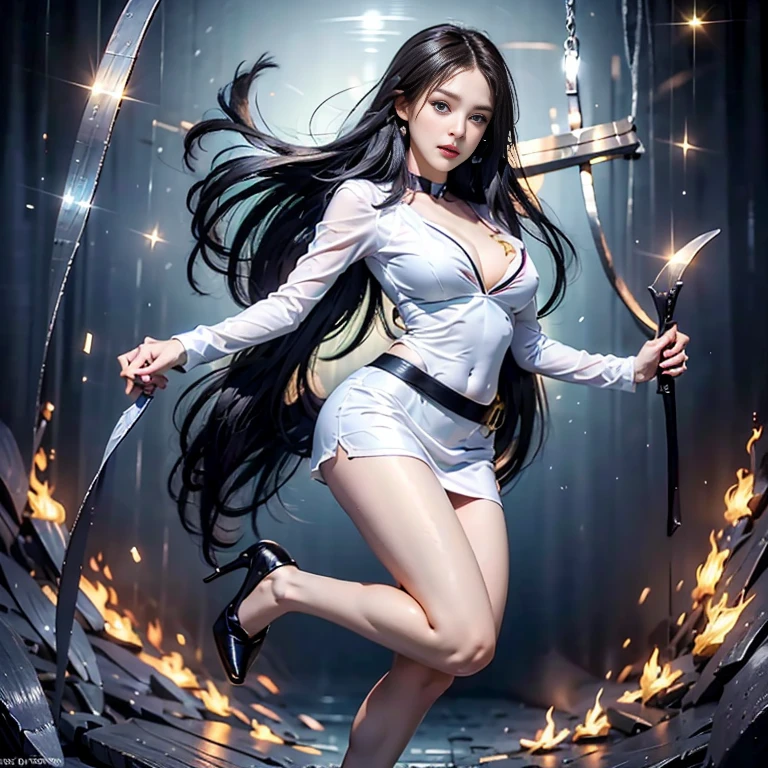 BREAK, 1girl, solo, looking at viewer, flat bangs, (young cute beautiful 18-year-old girl:1.1), 3d face, beautiful girl, pretty, girlface, kpop idol,  supermodel, woman posing for a photo, stunning innocent symmetry face, perfect body, medium breast, slim waist, slim legs, (high detailed skin:1.2), glowing eyes, goddess, natural skin texture, shiny skin, White skin, Beautiful detailed face, detailed face, real skin texture, cute delicate face, finely detailed face, golden ratio, golden ratio face, expressive eyes, perfect face, perfect skin, flawless face, clear face, shiny hair, pale skin, Proper body proportion, perfect anatomy, realistic skin texture, luscious lips, glossy lips, natural makeup, beautiful bright pupils, slender figure, intricate eyes, detailed pupils, detailed face and eyes, longeyelashes, blush, good hand, finely detailed skin, oily skin, BREAK, ((((ember, battlefield, volumetric fog, grey mist, (white long hair:1.4),  (ecstasy of silk:1.1), spider web, (chain:1.1), (On a dark moonlit night:1.6), (in a spooky ancient dungeon:1.2), in a heavily guarded cage, moonlight shines in through a small window, (In the center of the picture is a female assassin struggling to break free from the shackles:1.4), (She breaks the thick iron chain with amazing strength:1.3), (Werewolf soldiers guarding the prison came from all directions with weapons:1.5), (Destroyed buildings:1.2), (ruined walls:1.1), (scars:1.3), claw marks, (flames splashing:1.3), (werewolf's huge claws, wolf eyes with green light:1.2), (A pack of wolves surrounded her:1.6), full of murderous, fighting state, (blood moon:1.4), chilling atmosphere, flames, cobwebs, candles, (torture tools:1.1), (floating colorful sparkles:1.2), (energy beams:1.3), cyberpunk neon light, volcano, (lava:1.1), Doomsday atmosphere, flames soaring into the sky, candlelight, desperate and helpless prisoners, jail, prison, East Asian architecture, ancient China, skeletons, horror , chilling, bloody, huge warfare battle scene, epic clash, two armies, battle scene, epic battle, war)))), BREAK, (PureErosFace_V1:0.5), (ulzzang-6500:0.5), filmg, zhongfenghua, (kbxll:0.6),