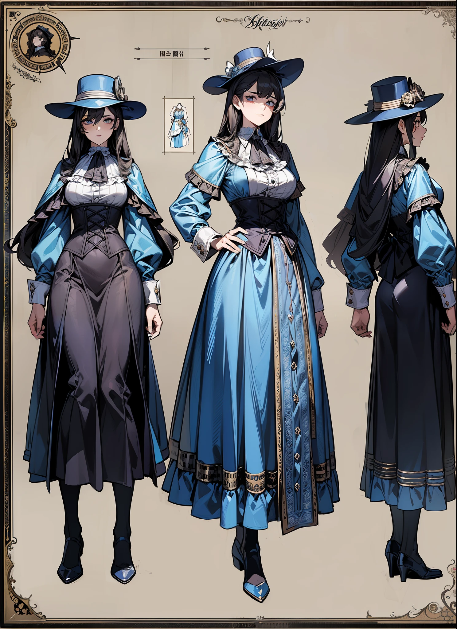 ((masterpiece)),(((best quality))),(character design sheet,same character,front,side,back), 1girl, solo,Female detective, Victorian long skirt, checkered shawl, detective hat, intelligent eyes,retro artstyle,masterpiece,bestquality,top quality,ultra highly  , concept art, character concept art, character sketch, reference sheet, character sheet, ( background, white background: 1.3)