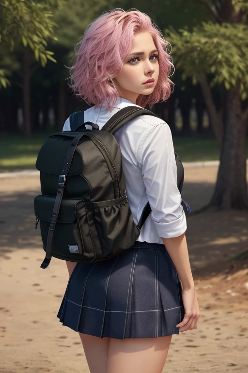 "(best quality,4k,8k,highres,masterpiece:1.2),ultra-detailed,(realistic,photorealistic,photo-realistic:1.37),short hair,1 girl,fluffy hair,curly hair,siblings,tsundere,short skirt,high school uniform,schoolgirl,tie,blushing,quivering lips,(angry),from behind,pink hair,looking at the viewer,outdoors,backpack,pan ties,sexy"