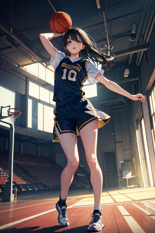 (8k, best quality, masterpiece:1.2), (realistic, photo-realistic:1.37), ultra-detailed,best quality, ultra high res, professional lighting, photon mapping, radiosity, physically-based rendering, cinematic lighting, basketball court,depth of field, sharp focus,sunbeam, good composition,(bokeh:1.2) 1girl,solo,(full body), (closed mouth), detailed eyes, pose, narrow waist,basketball uniform, black hair,messy hair,long hair floating in wind,(ulzzang-6500:1.2),  mix4, hiqcgbody