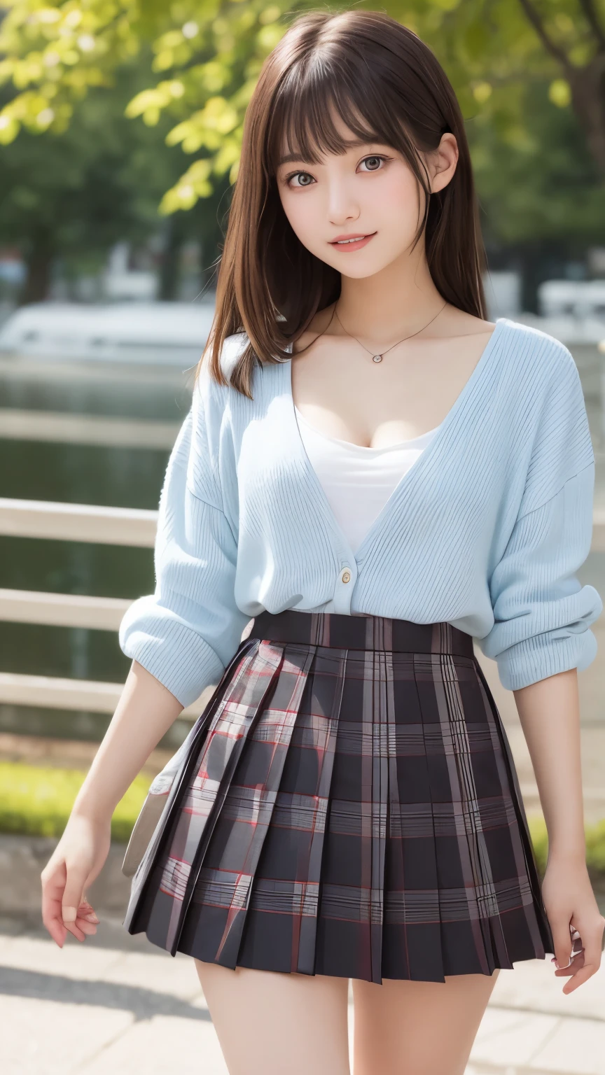 smile、night、Raw photo、(((ultimate beauty portrait)))、((glowing skin))、1 girl、15 year old beautiful girl from Prague、bright look、((brown hair))、(cleavage)、(plaid pleated skirt:1.5)、((Big eyes that shine like jewels))、open cardigan、open your clothes、pantyhose、Glossy and glossy skin、(medium hair)、(silky ponytail hair)、( Are standing)、(from below)、under the skirt、under the skirt、(from below下着の接写)、eyeliner、beautiful bangs、hair between eyes、((masterpiece、最high quality、super detailed、film light、intricate details、High resolution、very detailed))、detailed background、8KUHD、Digital single-lens reflex camera、soft light、high quality、film grain、Fujifilm XT3 、shallow depth of field、natural soft light、Kamimei、rich bust