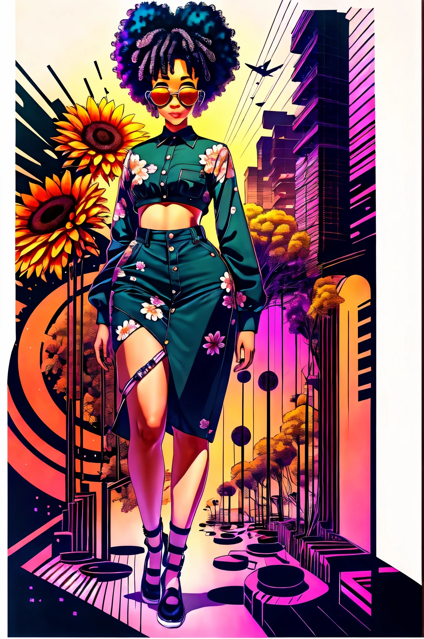 "Full body, water colors, ink drawing, beautiful cyberpunk Sudanese woman, wearing smart digital sunglasses, floral background, geometric, in the style of Afrofuturism