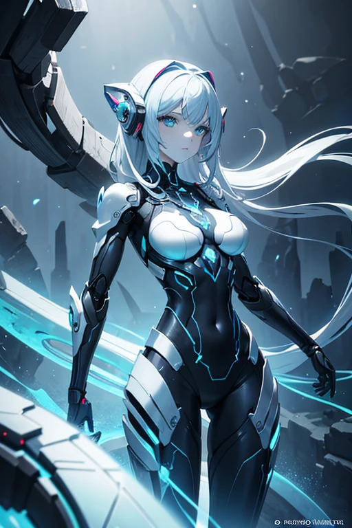 studio photo, beautiful robotic metal woman standing alone, strange fantasy image, odd glowing rocks, beautiful, detailed, long flowing hair, medium breasts, great skin texture