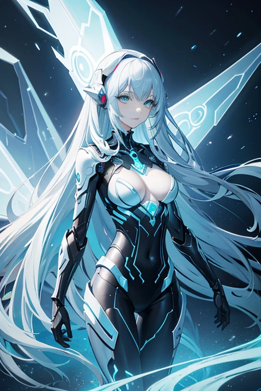 studio photo, beautiful robotic metal woman standing alone, strange fantasy image, odd glowing rocks, beautiful, detailed, long flowing hair, medium breasts, great skin texture