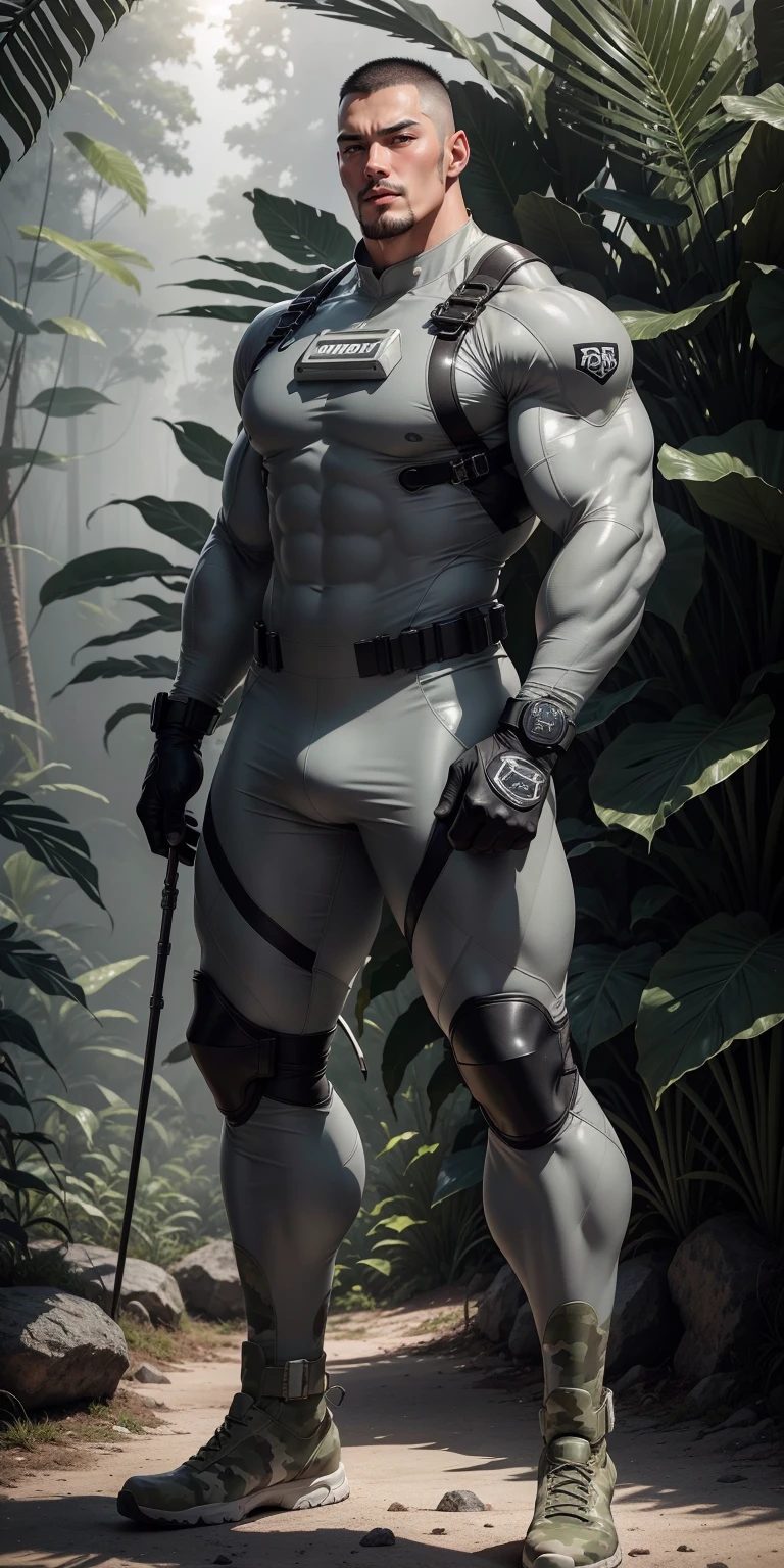 Tall giant muscular man with his mouth open and screaming.,Light gray camouflage uniform,strong tough guy,Buzz Cut,white short hair,Wearing a light gray camouflage diving suit,matte texture,regular symmetrical texture pattern,Standing in the dark sugar cane jungle, The body wrapped in thick rattan,Sad expression,Deep and charming eyes,The hero with emerald pupils,heroic male pose,高urly,muscular!Charming leg muscles,High, burly, Heqiang, Wearing a light gray camouflage diving suit, Super gain and cool, high resolution committee, Big feet in black boots,Charming strong man,The bright sunshine shines on you