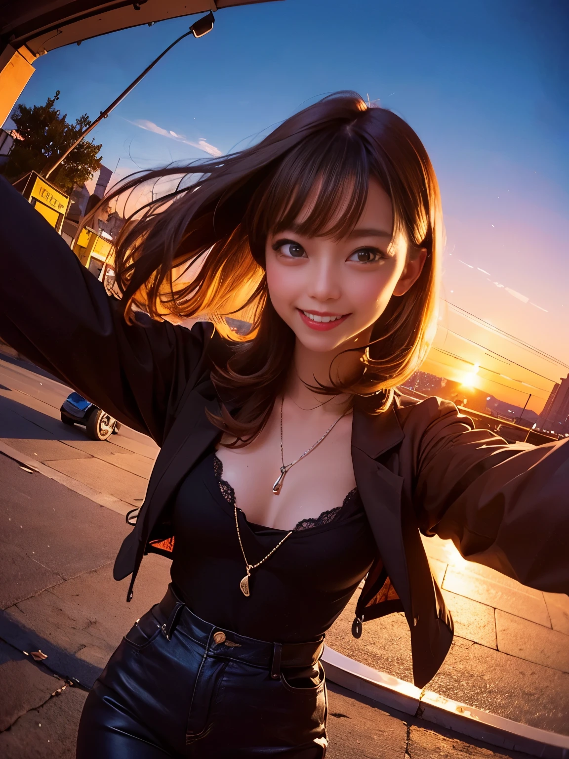 1 punk girl, fish eye, Self snap, Wind, hair is dirty, sunset, cityscape, (Aesthetics and atmosphere:1.2),smile