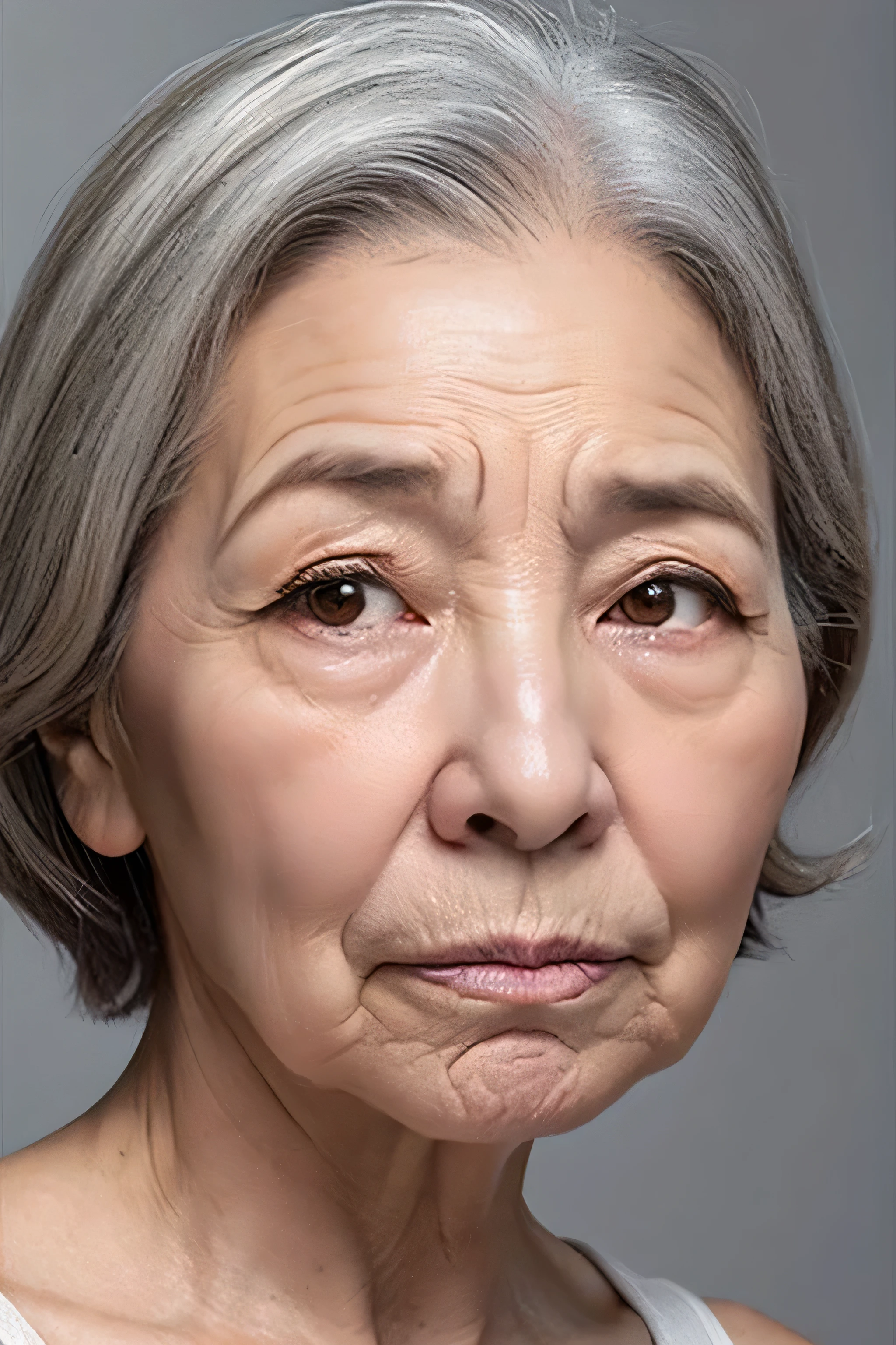 Droopy eyelid, crying, troubled face, lowered eyebrows, gray background, wrinkles on face, wrinkles, natural skin texture, Japanese woman, 60 years old, close-up of face, wrinkles at corner of eyes, double folds, used to be an idol, cute, short cut hair with gray hair, full tear pouch, lipstick, blush