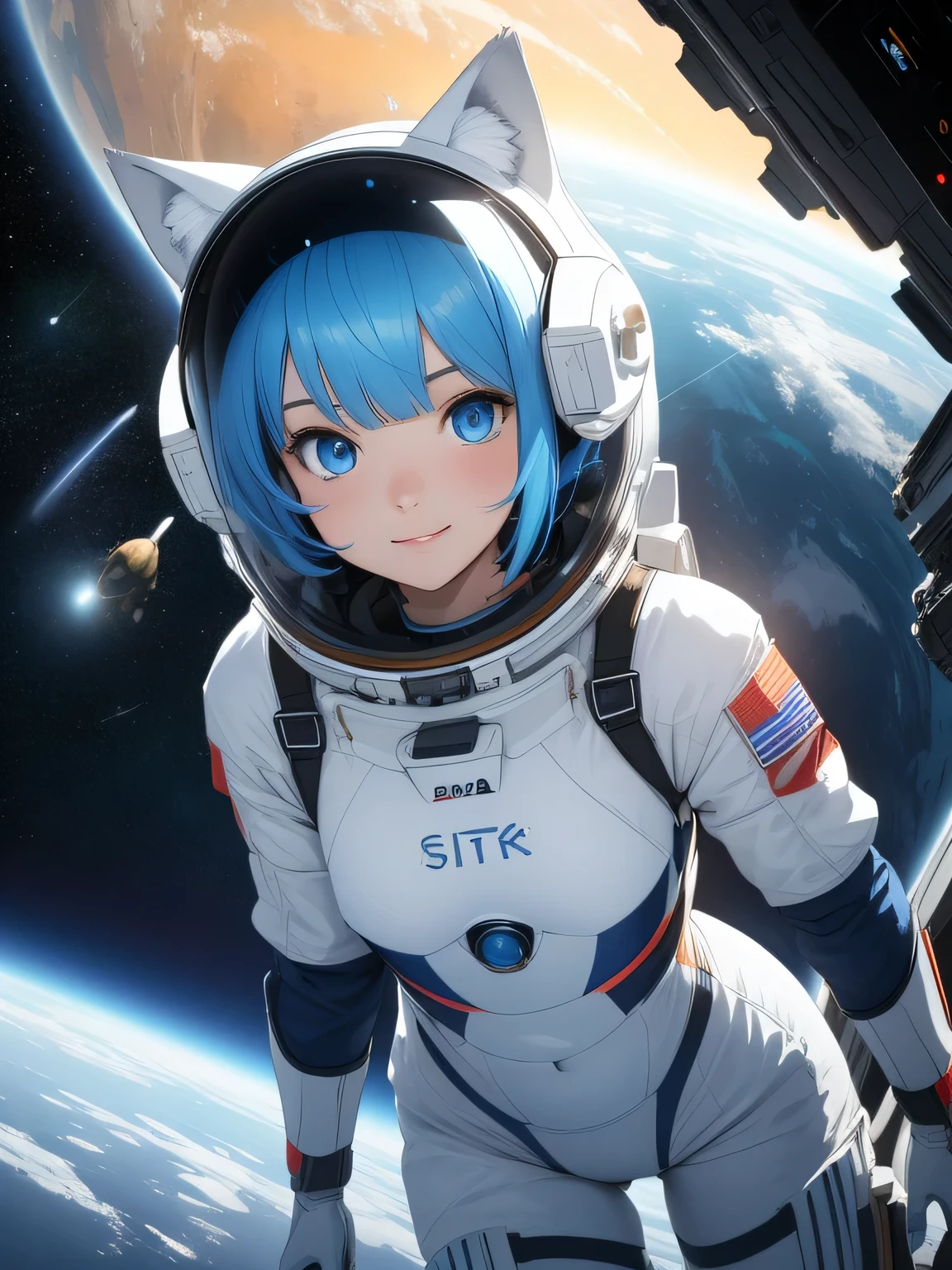 (8k, HDR, RAW photo, best quality, masterpiece:1.2, realistic lighting), Overhead view, Dynamic angle, girl floating in outer space, solo, (thin face), realistic beautiful face, very detailed face, toothy smile, (bob cuts hair), ((sky blue hair)), path traced hair, (sky blue cat ears), ((sky blue eyes)), beauty eyes, (flat chest), (small breast), wearing a full body spacesuit, (spacesuit helmet), (outer space:1.3), Detailed and complex busy background, surreal space, fantasy space, outer space