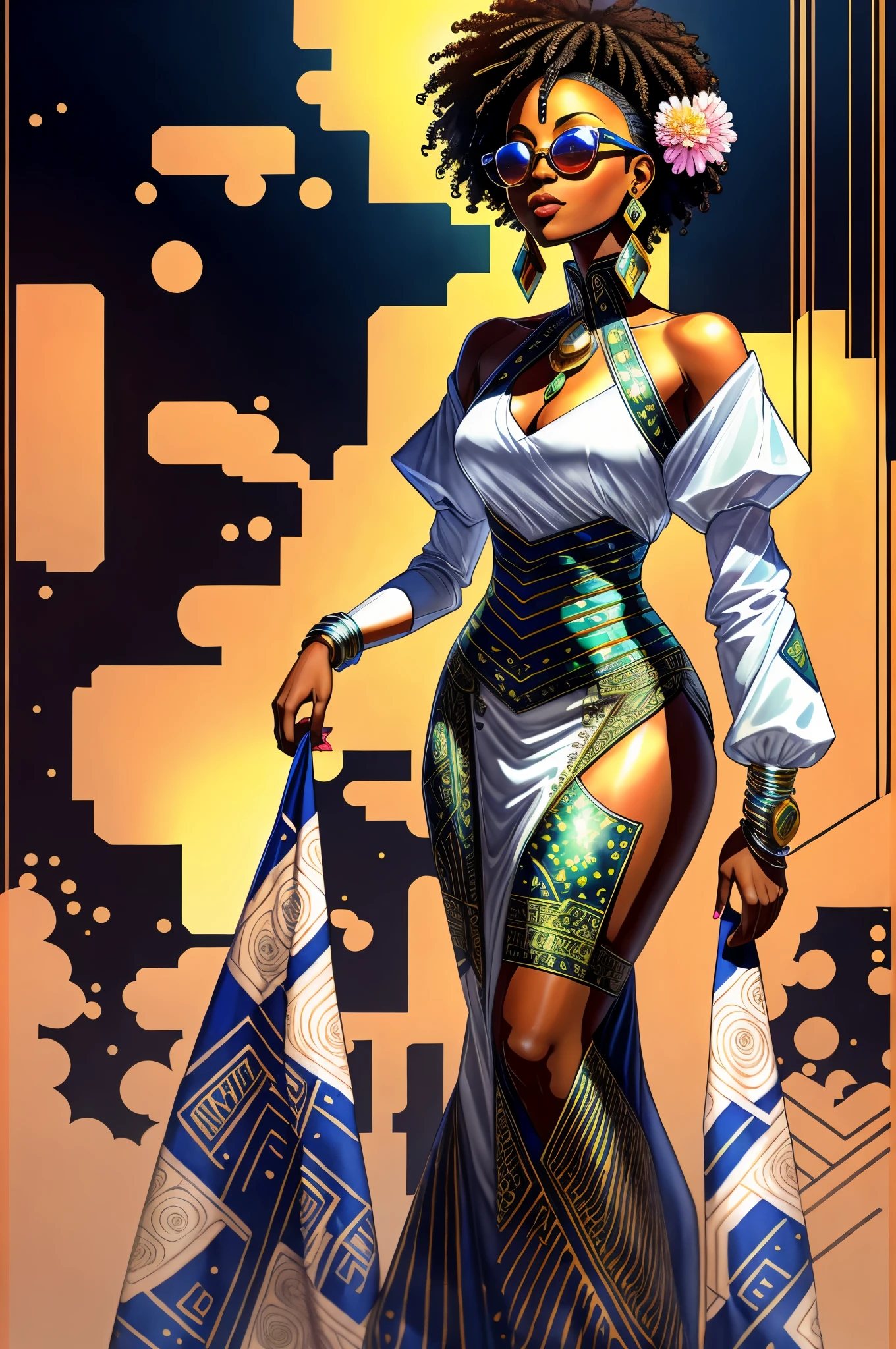 "Full body, water colors, ink drawing, beautiful cyberpunk Sudanese woman, wearing smart digital sunglasses, clean defined delicate features, stylish bohemian top and long skirt, floral background, in the style of Afrofuturism