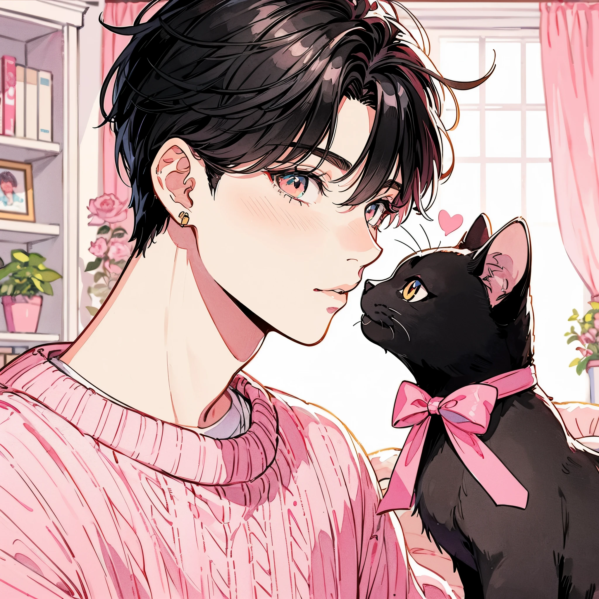 Beautiful young man, black hair, short hair, pink sweater, black cat with pink ribbon, just before kissing, cute and stylish room,high quality, amount of drawing, pixiv illustration, Japanese anime, Clear line drawing, transparent watercolor, clear shading