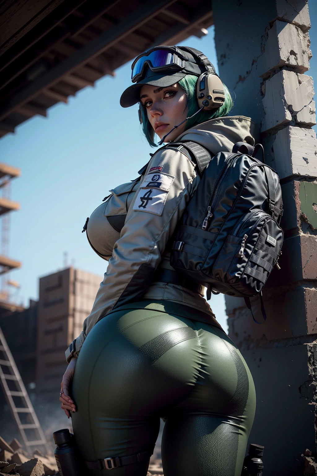 8k portrait of ela (rainbow six siege)
, camouflage, solo, green hair, backpack, boots, hat, goggles, goggles on headwear, pants, looking at viewer, jacket, hood, bag, short hair, headset, blue eyes, camouflage jacket, gloves, holster, hood down, thigh holster, radio antenna, military, headphones, leggingull body)), piercing eyes, looking at the viewer, dynamic pose, ((thighig tits:1.0), looking back, (huge ass:1.4)
, best quality, (photo-realistic:1.2), looking at the viewer, film grain, construction site scene, construction site background, debris, low angle
, dark scene, rim lighting, two tone lighting, dimly lit, low key hdr,