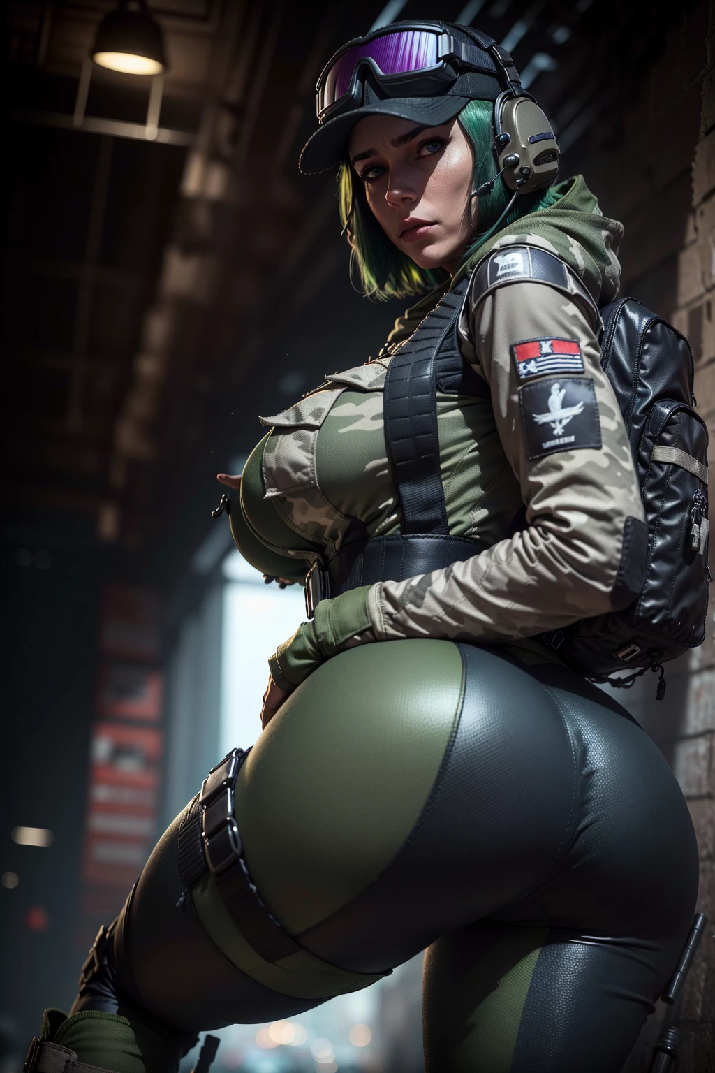 8k portrait of ela (rainbow six siege)
, camouflage, solo, green hair, backpack, boots, hat, goggles, goggles on headwear, pants, looking at viewer, jacket, hood, bag, short hair, headset, blue eyes, camouflage jacket, gloves, holster, hood down, thigh holster, radio antenna, military, headphones, leggingull body)), piercing eyes, looking at the viewer, dynamic pose, ((thighig tits:1.0), looking back, (huge ass:1.4)
, best quality, (photo-realistic:1.2), looking at the viewer, film grain, construction site scene, construction site background, debris, low angle
, dark scene, rim lighting, two tone lighting, dimly lit, low key hdr,