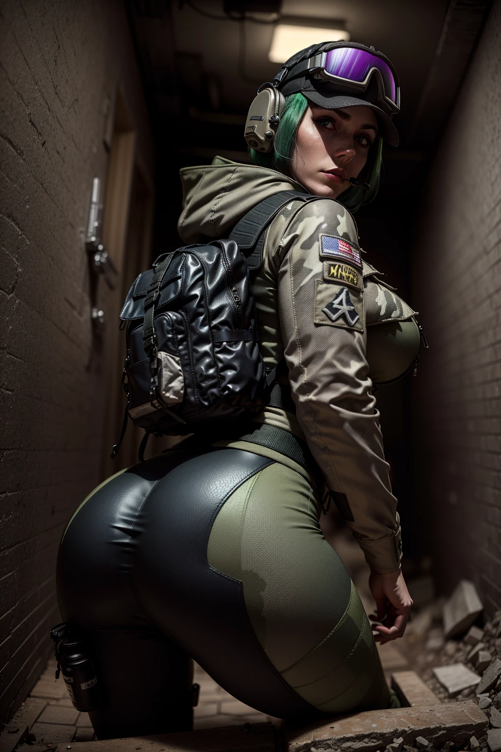 8k portrait of ela (rainbow six siege)
, camouflage, solo, green hair, backpack, boots, hat, goggles, goggles on headwear, pants, looking at viewer, jacket, hood, bag, short hair, headset, blue eyes, camouflage jacket, gloves, holster, hood down, thigh holster, radio antenna, military, headphones, leggingull body)), piercing eyes, looking at the viewer, dynamic pose, ((thighig tits:1.0), looking back, (huge ass:1.4)
, best quality, (photo-realistic:1.2), looking at the viewer, film grain, construction site scene, construction site background, debris, low angle
, dark scene, rim lighting, two tone lighting, dimly lit, low key hdr,