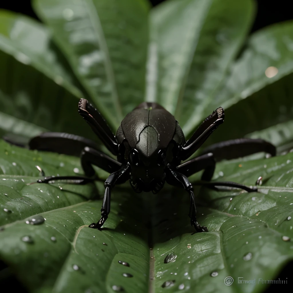 macro photography of alien xenomorph insect, on a leaf at rain forest, studio light