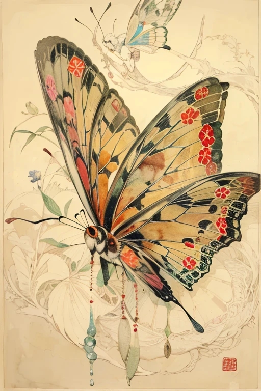 （Egon Schiele）butterfly in flowers. Flower bushes are not spherical but flat. Butterfly  very beautiful, charming wingquisite details.(Japanese ink)(Contemporary art  like a picture book) (transparent watercolor) (light itself appears as real) (Soft in layers, colorful) (Paint tints diluted with water) (deep, Delicate color)