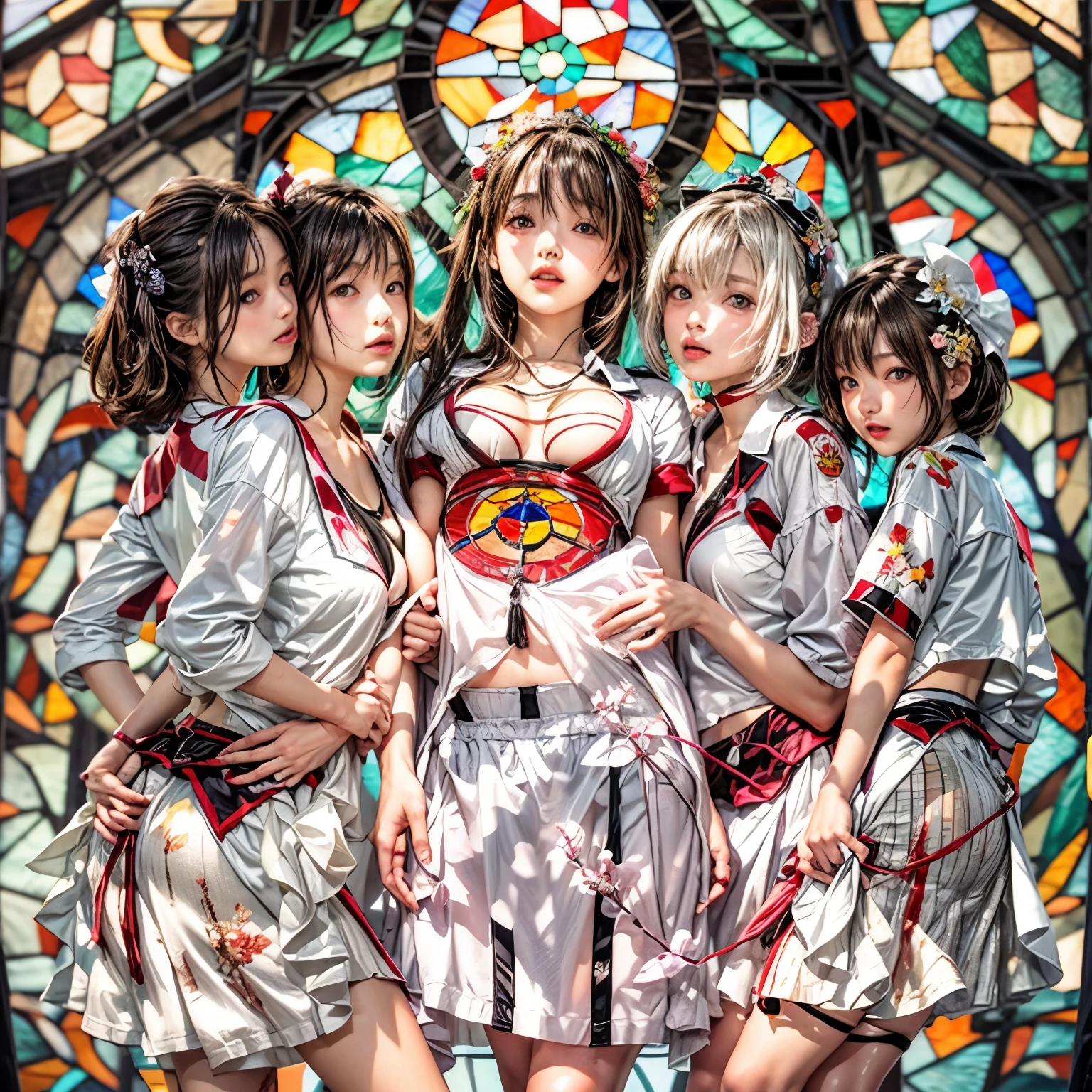 White and Red, Masterpiece, (physically-based rendering with ultra-detailed, (realistic and (photorealistic:1.37) with touch of rawness), Acutance:0.8) . A group of KAWAII girls in school uniform with full opened Cleavage . (((extremely detailed KAWAII face variations)) with joyful expressions), { Navel | pretty Ass | (Overflowing underboob) | White panties with (blood seeping only in crotch area) | (full of Flowers covering girl's body) | ((Dazzling colorful stained glass with stunning elaborate details:1.2)) | A Dazzling Halo Floating above girl's head } . (Exposed:1.2), ((nipple:-0.9)), (not Detailed fingers:-0.9) .