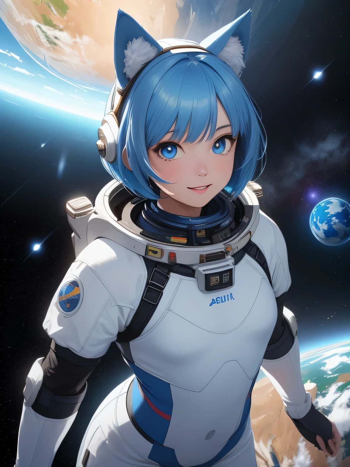 (8k, HDR, RAW photo, best quality, masterpiece:1.2, realistic lighting), Overhead view, Dynamic angle, girl floating in outer space, solo, (thin face), realistic beautiful face, very detailed face, toothy smile, (bob cuts hair), ((sky blue hair)), path traced hair, (sky blue cat ears), ((sky blue eyes)), beauty eyes, (flat chest), (small breast), wearing a full body spacesuit, (spacesuit helmet), (earth:1.3), Detailed and complex busy background, surreal space, fantasy space, outer space
