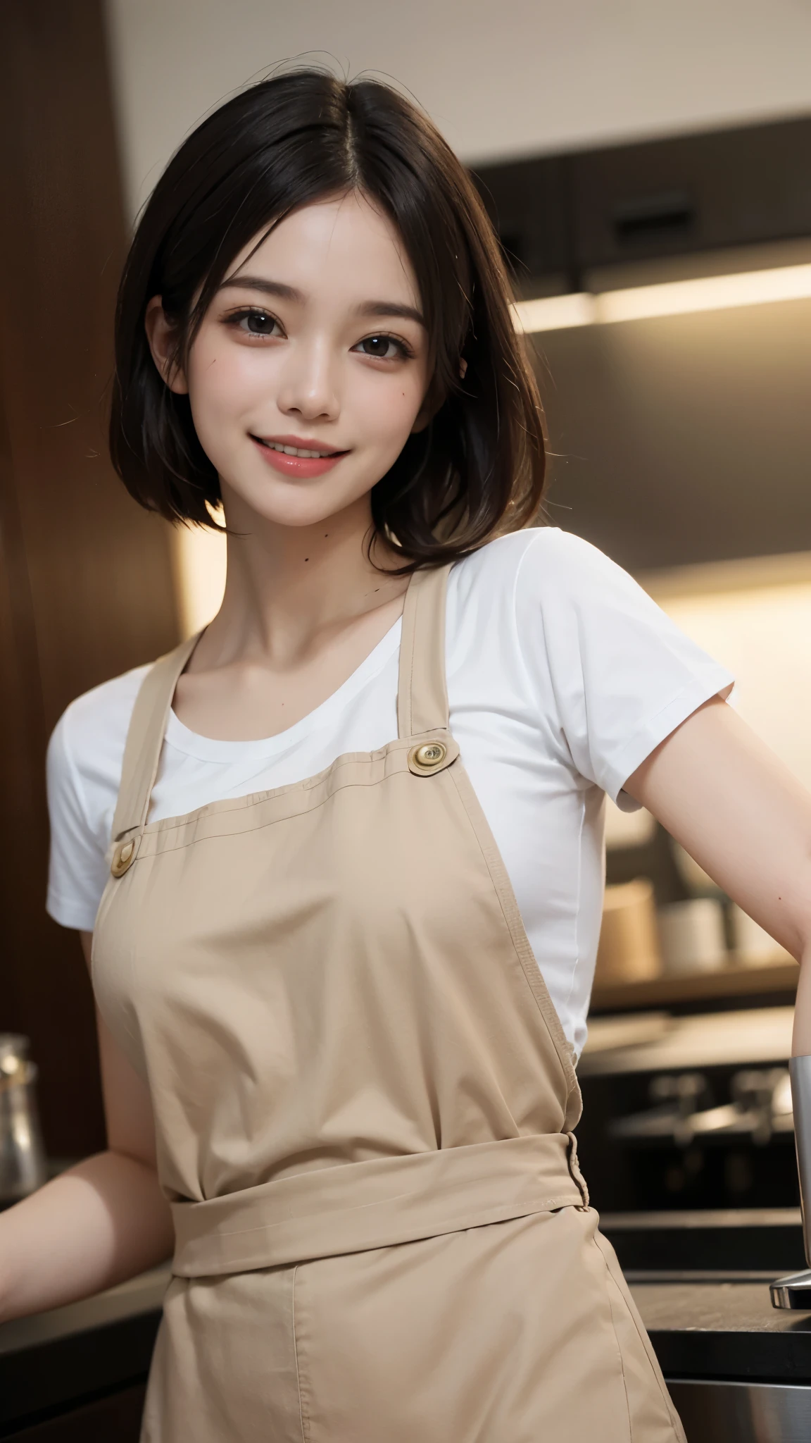 best quality, muste piece, ultra high resolution, (It&#39;s photorealistic:1.4), Raw photo, 1 girl, K deｰPOP idol, ((cafe clerk)),((Cute Uniform)),(White t-shirt and jeans)),((Beige apron))short hair, slender body,detailed eyes,(realistic eyes),delicate face,realsK dein,detailed hair,Detailed sK dein,pretty face,((smiling))、((Laughter))、((You look happy, smile)),