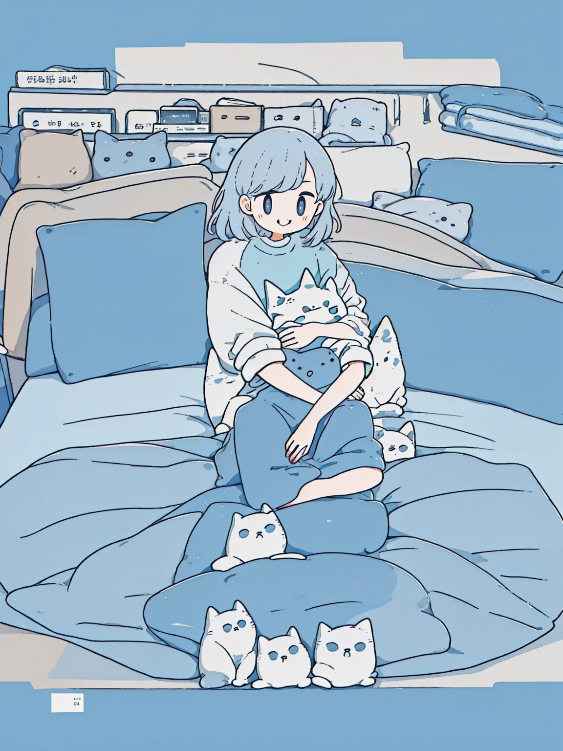 masterpiece:1.3, best quality:1.3, highly detailed, 8k raw, sunset:1.3, female_solo, kneeling_down, hug a cat, laying on bed, detailed bedroom, wearing tshirt and skirt, sneakers, light_blue_eyes, look happy, light silver hair, shiny hair, cozy and casual, animeniji, portrait, cat