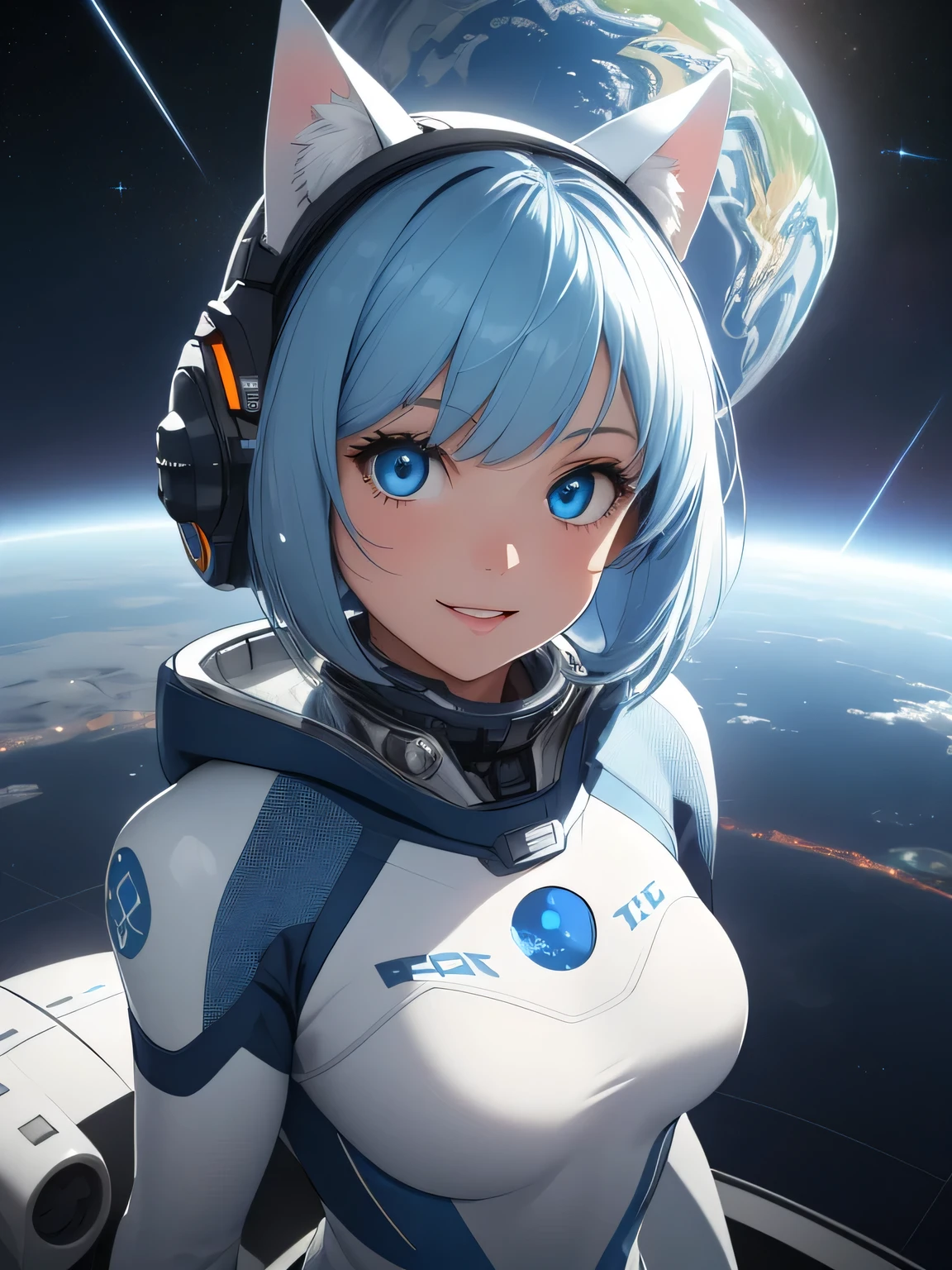 (8k, HDR, RAW photo, best quality, masterpiece:1.2, realistic lighting), Overhead view, Dynamic angle, girl floating in outer space, solo, (thin face), realistic beautiful face, very detailed face, toothy smile, (bob cuts hair), ((sky blue hair)), path traced hair, (sky blue cat ears), ((sky blue eyes)), beauty eyes, perfect symmetrical eyes, clear sparkling blue eyes, (flat chest), (small breast), wearing a full body spacesuit, (spacesuit helmet), (earth:1.3), Detailed and complex busy background, surreal space, fantasy space, outer space