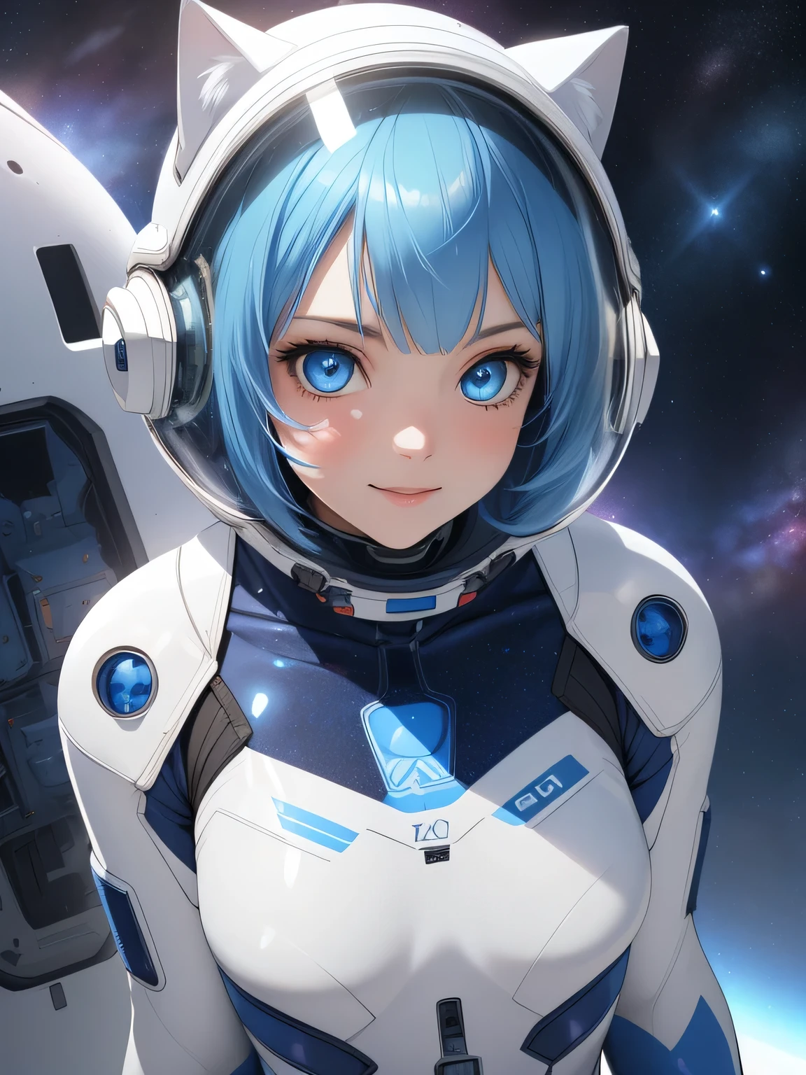 (8k, HDR, RAW photo, best quality, masterpiece:1.2, realistic lighting), Overhead view, Dynamic angle, girl floating in outer space, solo, (thin face), realistic beautiful face, very detailed face, toothy smile, (bob cuts hair), ((sky blue hair)), path traced hair, (sky blue cat ears), ((sky blue eyes)), beauty eyes, perfect symmetrical eyes, clear sparkling blue eyes, (flat chest), (small breast), wearing a full body spacesuit, (spacesuit helmet), (earth:1.3), Detailed and complex busy background, surreal space, fantasy space, outer space