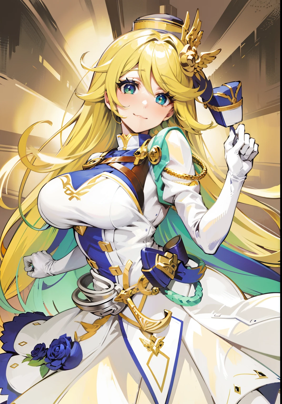 (hyper extreme detailed),(masterpeace),(hyper extreme),(photorealistic),CG,(colour:1.1), beautiful lighting,light from the front,solo,1girl,white background,  light_elena,blond hair,green eyes,white long dress,belt,high heel boots,white long grove,hat,