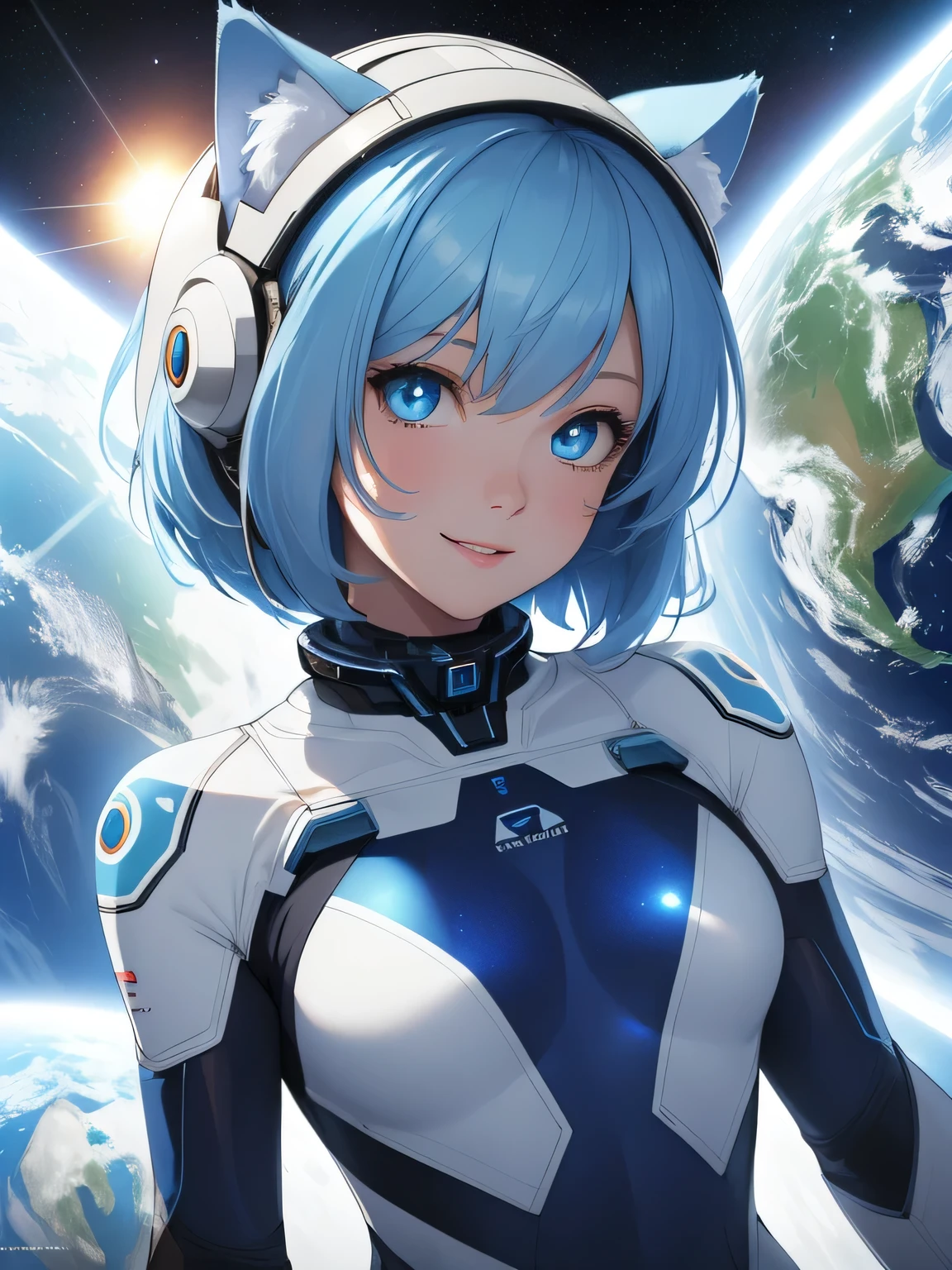 (8k, HDR, RAW photo, best quality, masterpiece:1.2, realistic lighting), Overhead view, Dynamic angle, girl floating in outer space, solo, (thin face), realistic beautiful face, very detailed face, toothy smile, (bob cuts hair), ((sky blue hair)), path traced hair, (sky blue cat ears), ((sky blue eyes)), beauty eyes, perfect symmetrical eyes, clear sparkling blue eyes, (flat chest), (small breast), wearing a full body spacesuit, (spacesuit helmet), (earth:1.3), Detailed and complex busy background, surreal space, fantasy space, outer space