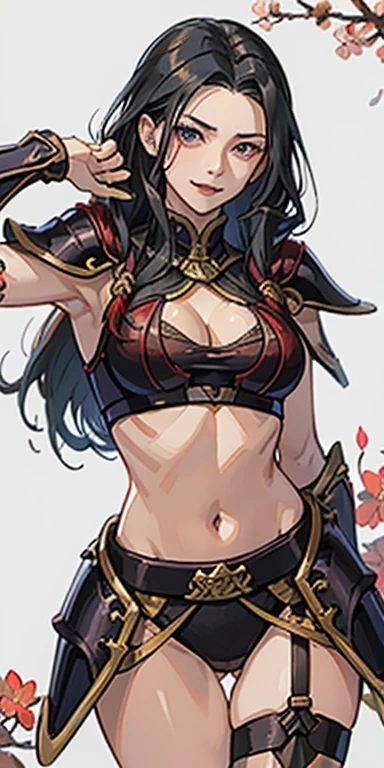 (masterpiece), best quality, expressive eyes, perfect face, ((crimson armor)), black hair, closed smile, athletic body, slim figure, lace bikini, pelvic curtain, exposed midriff, large breasts, cleavage, ((fishnets)), watercolor, sakura blossom background
