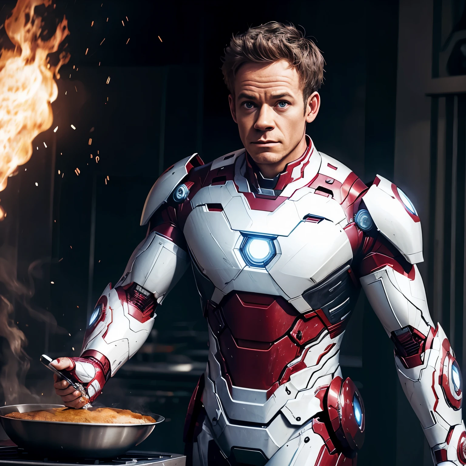Gordan Ramsey in white Iron man armor