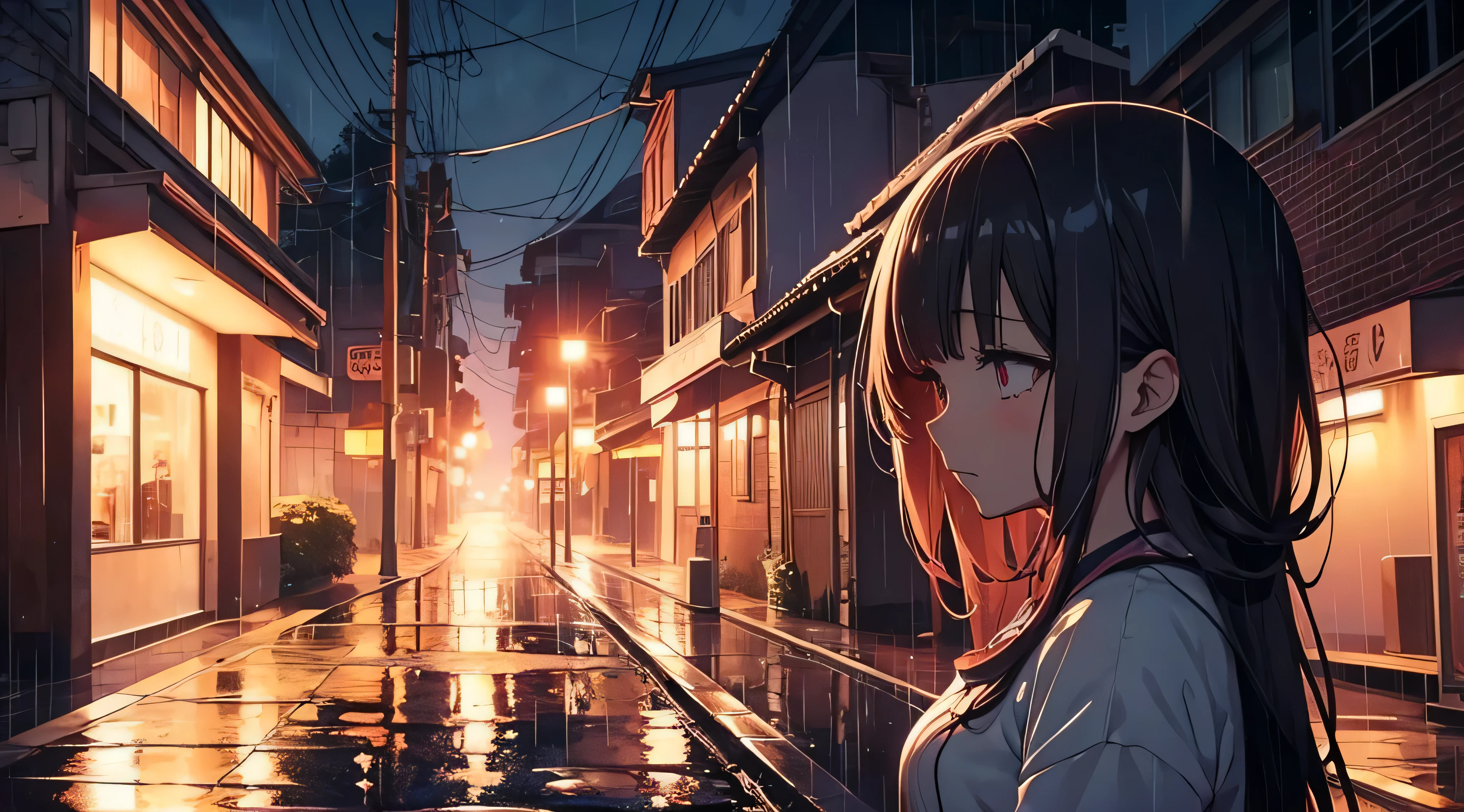 sad anime girl under the pouring rain at night