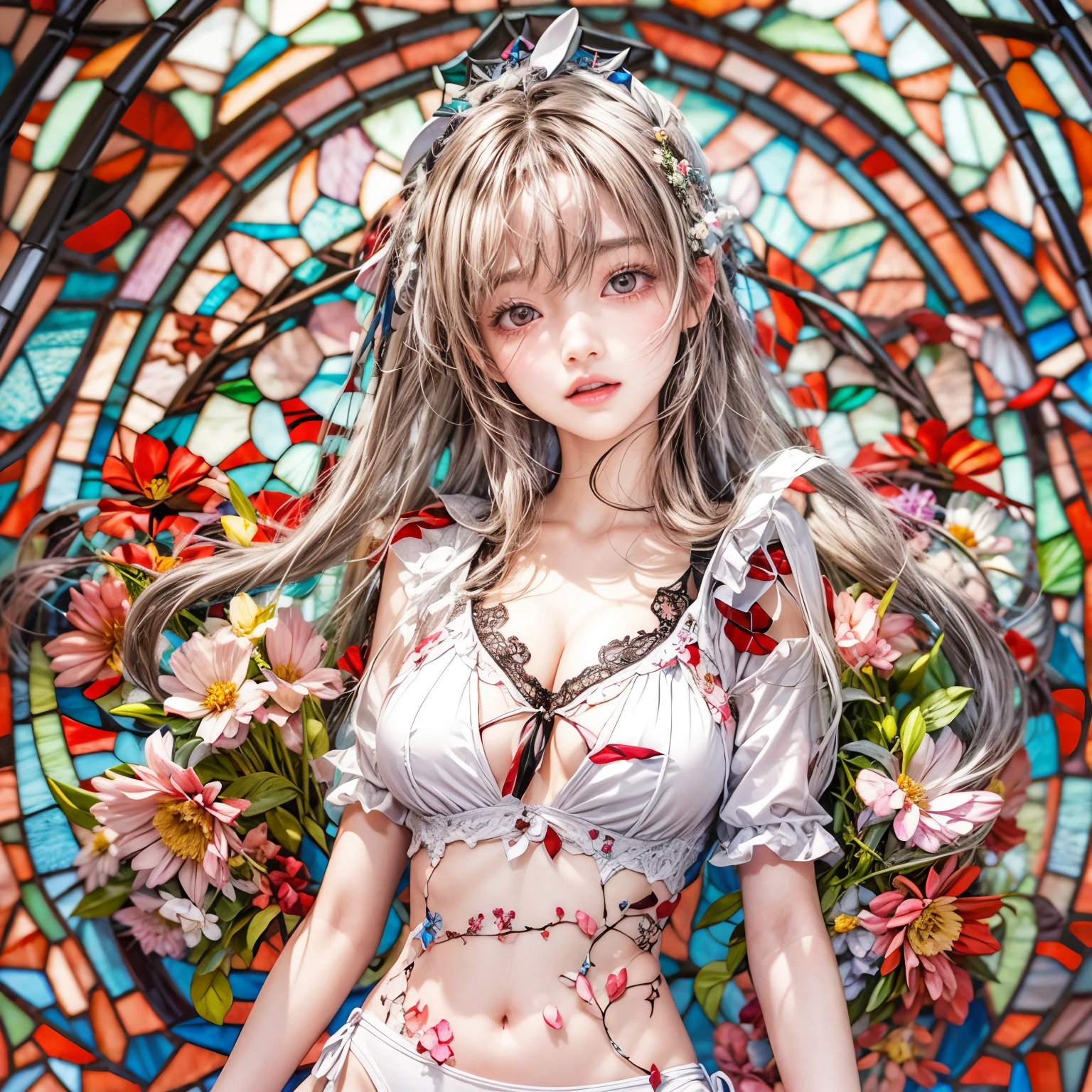 White and Red, Masterpiece, (physically-based rendering with ultra-detailed, (realistic and (photorealistic:1.37) with touch of rawness), Acutance:0.8) . A group of KAWAII girls in school uniform with full opened Cleavage . (((extremely detailed KAWAII face variations)) with joyful expressions), { Navel | pretty Ass | (Overflowing underboob) | White panties with (blood seeping only in crotch area) | (full of Flowers covering girl's body) | ((Dazzling colorful stained glass with stunning elaborate details:1.2)) | A Dazzling Halo Floating above girl's head } . (Exposed:1.2), ((nipple:-0.9)), (not Detailed fingers:-0.9) .